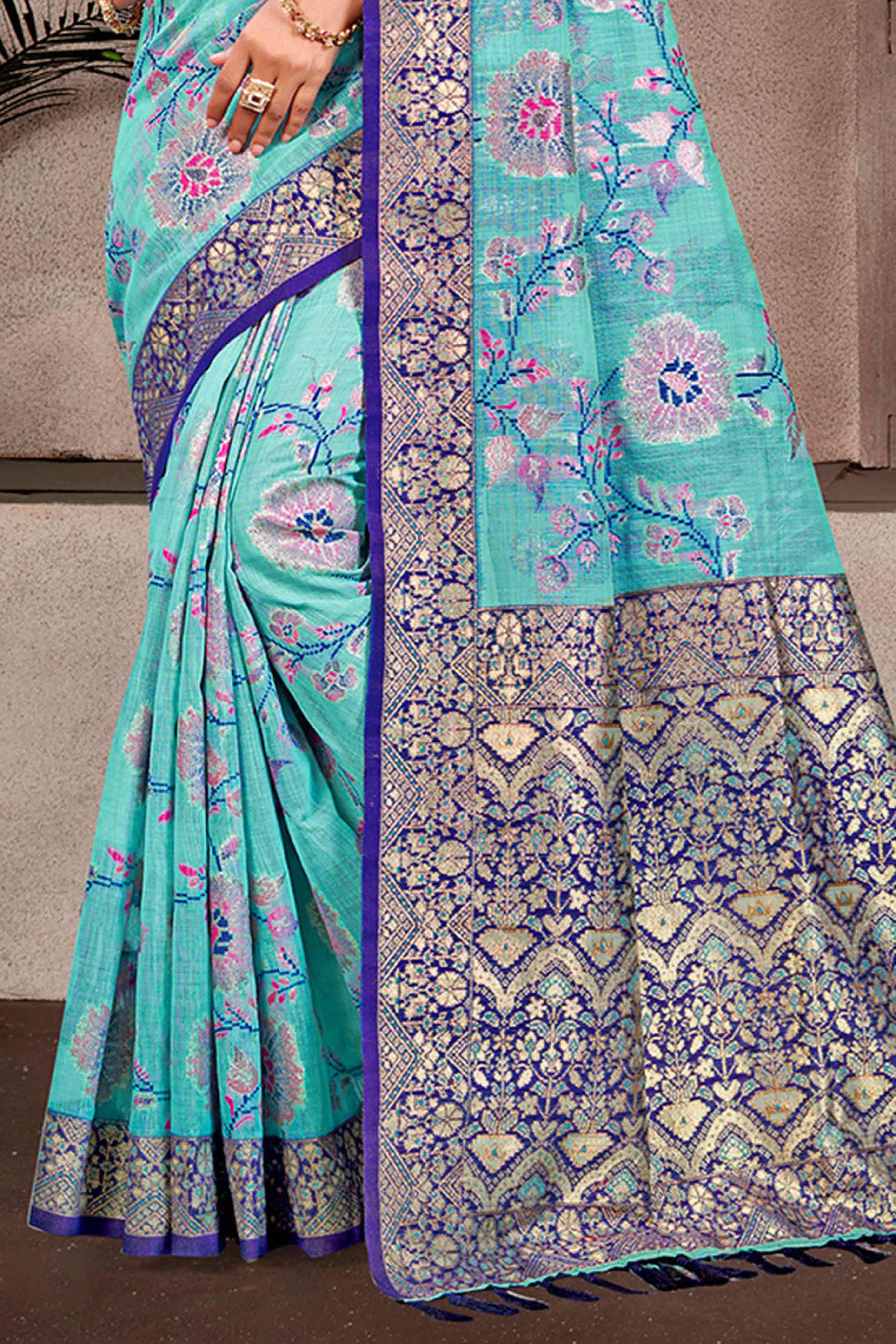 Opulent Blue Floral Zari Motif Weaving Cotton Silk Saree With Elegant Tassel Pallu - Image 4