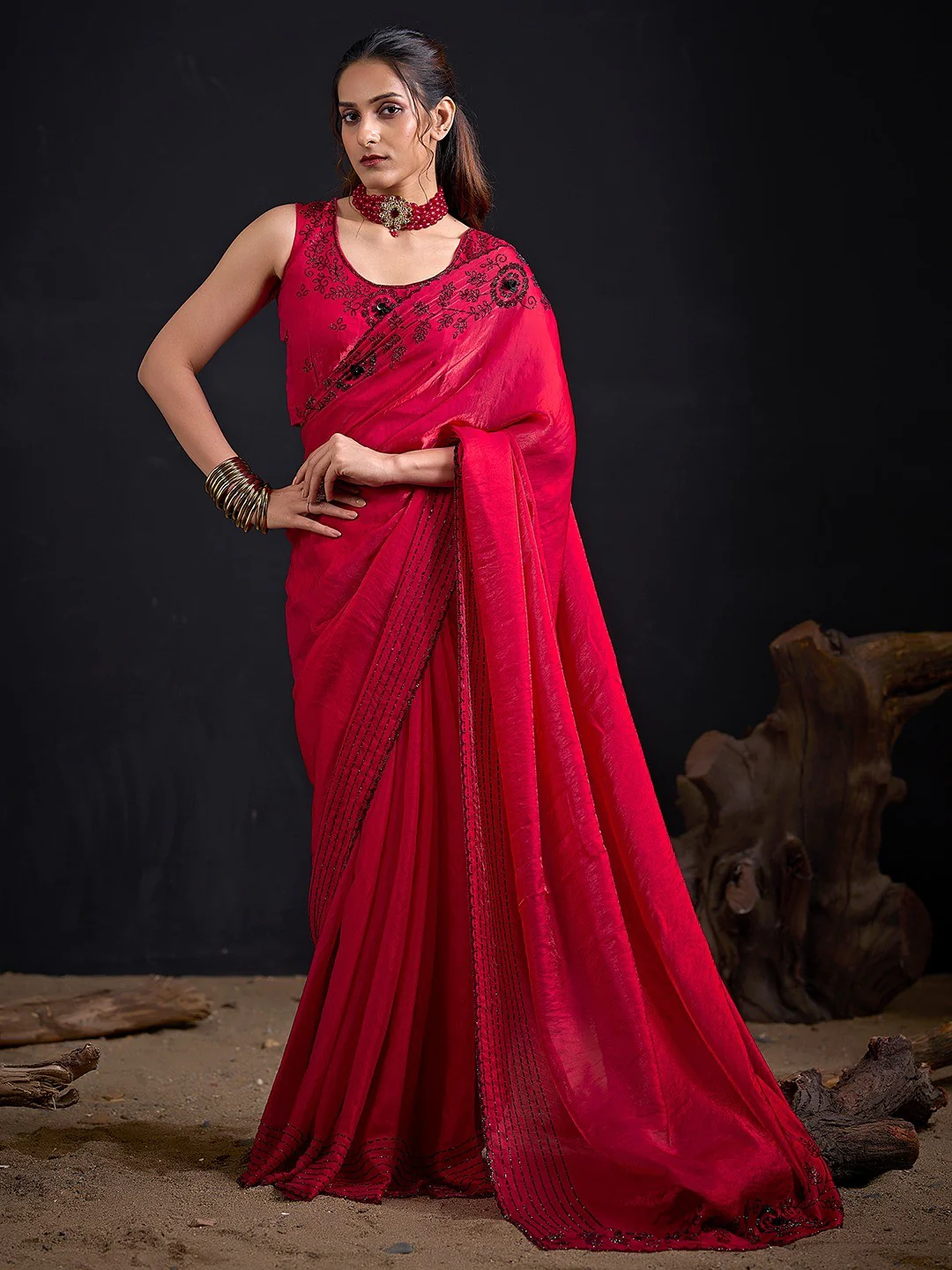 Opulent Cherry Red Stone Work Satin Silk Saree With Hand Cut Dana & Sequin Applic Work