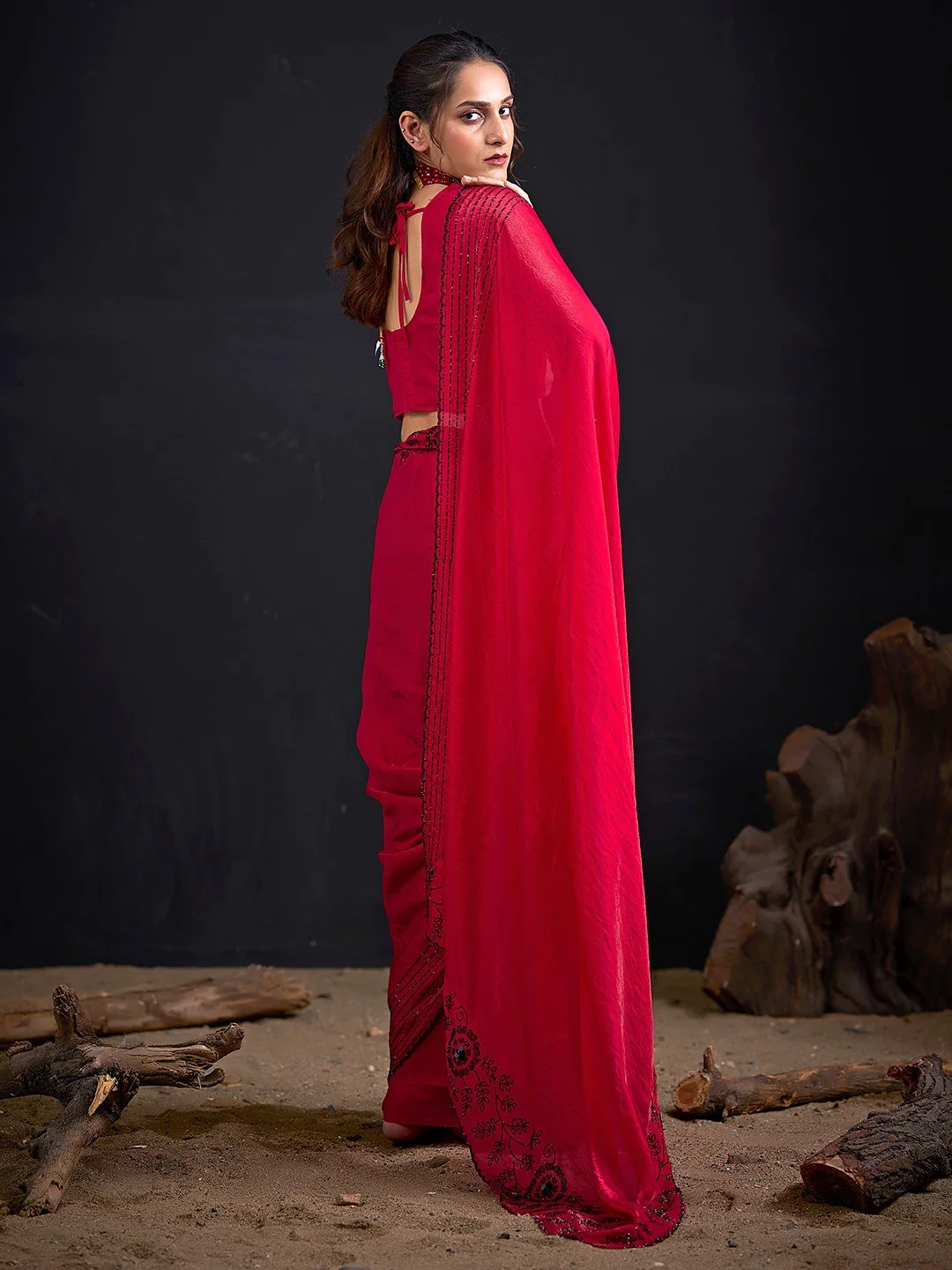 Opulent Cherry Red Stone Work Satin Silk Saree With Hand Cut Dana & Sequin Applic Work - Image 3