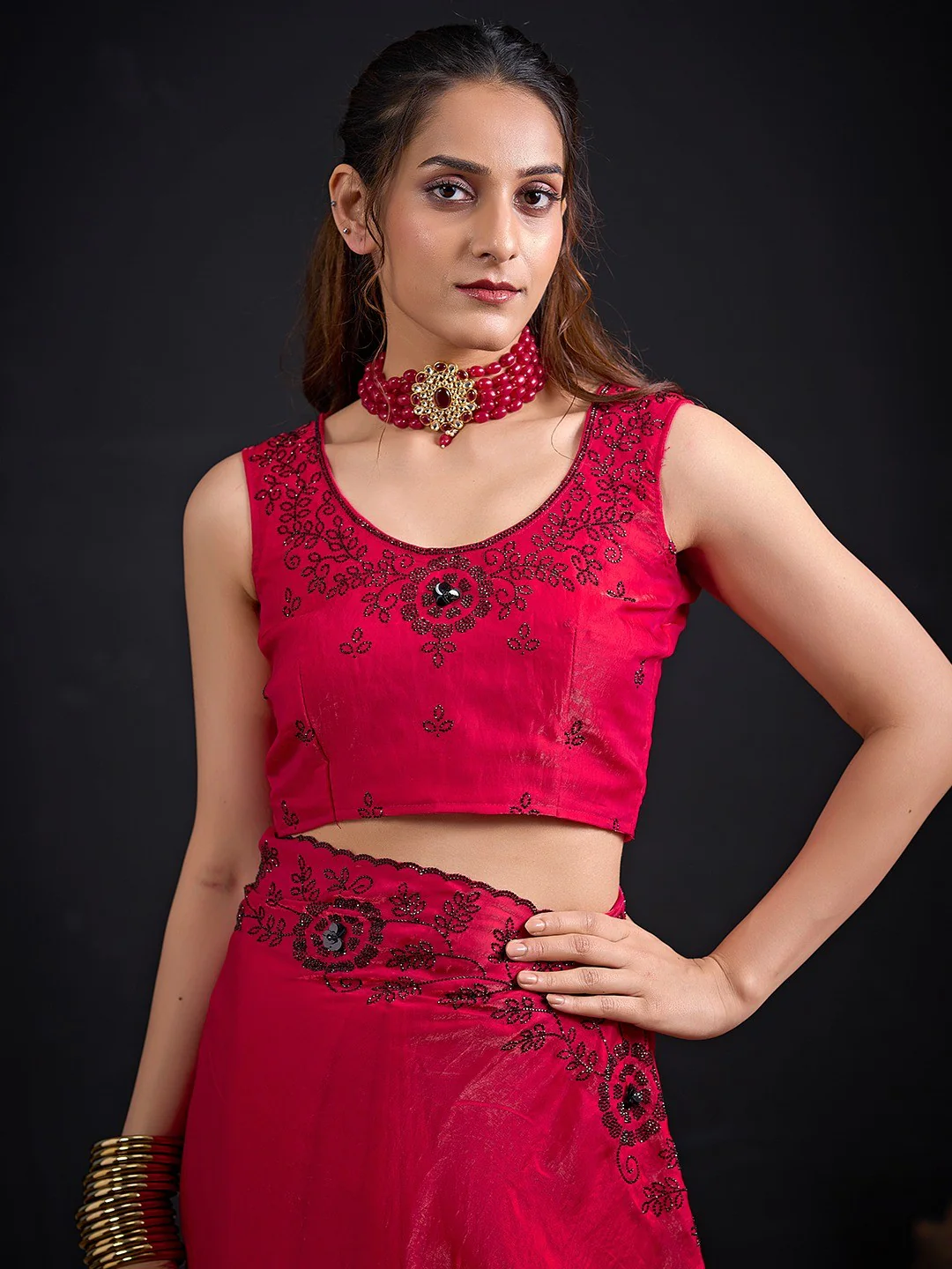 Opulent Cherry Red Stone Work Satin Silk Saree With Hand Cut Dana & Sequin Applic Work - Image 4