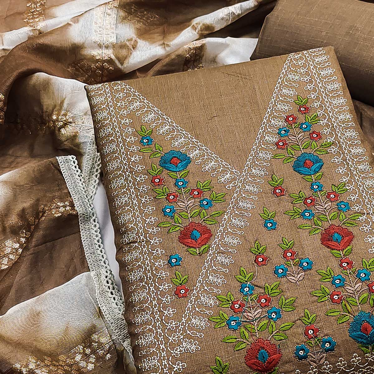 Opulent Grace Brown Cotton Blend Dress Material Adorned With Floral Thread & Sequins Work - Image 2