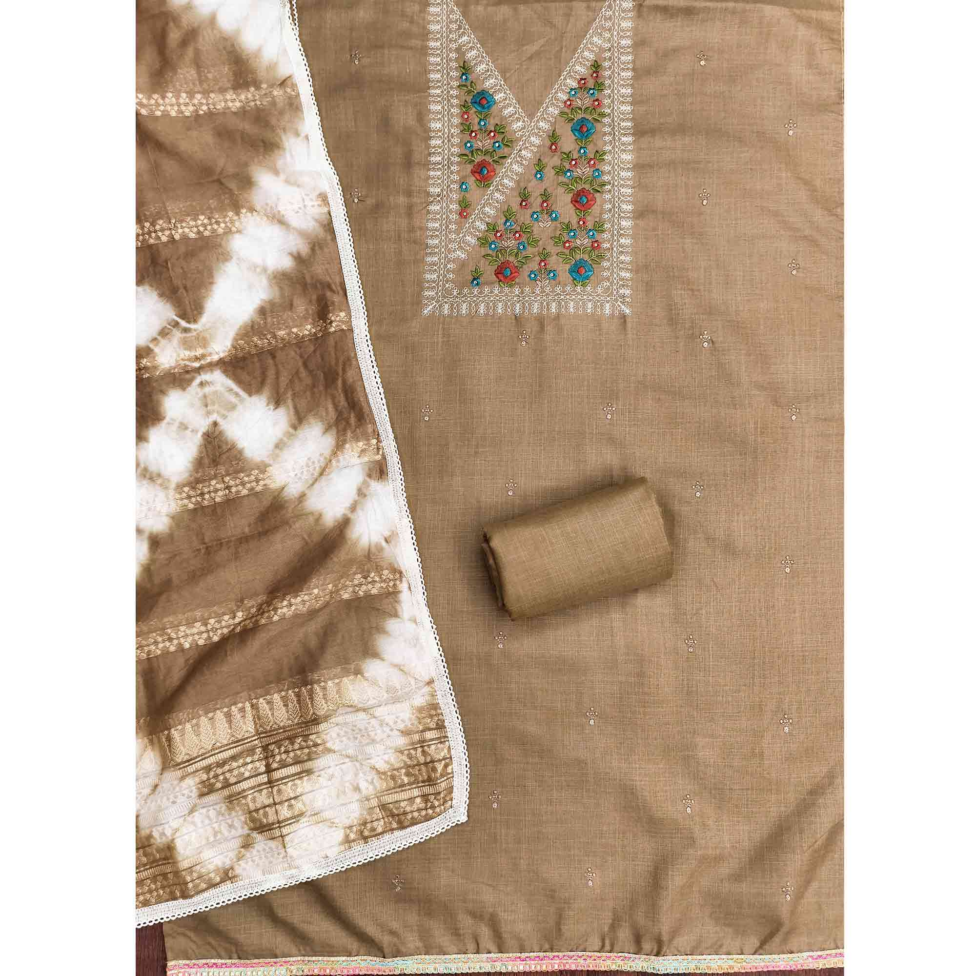 Opulent Grace Brown Cotton Blend Dress Material Adorned With Floral Thread & Sequins Work - Image 3