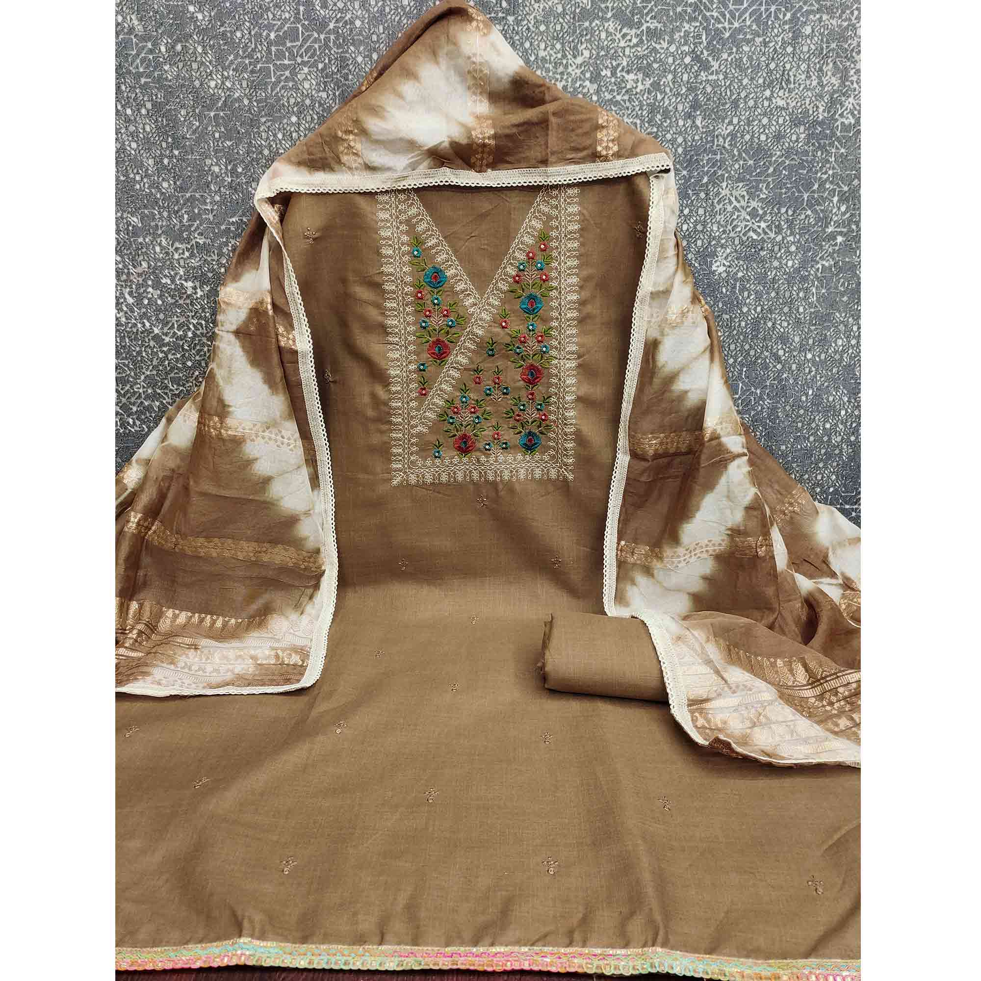 Opulent Grace Brown Cotton Blend Dress Material Adorned With Floral Thread & Sequins Work - Image 4