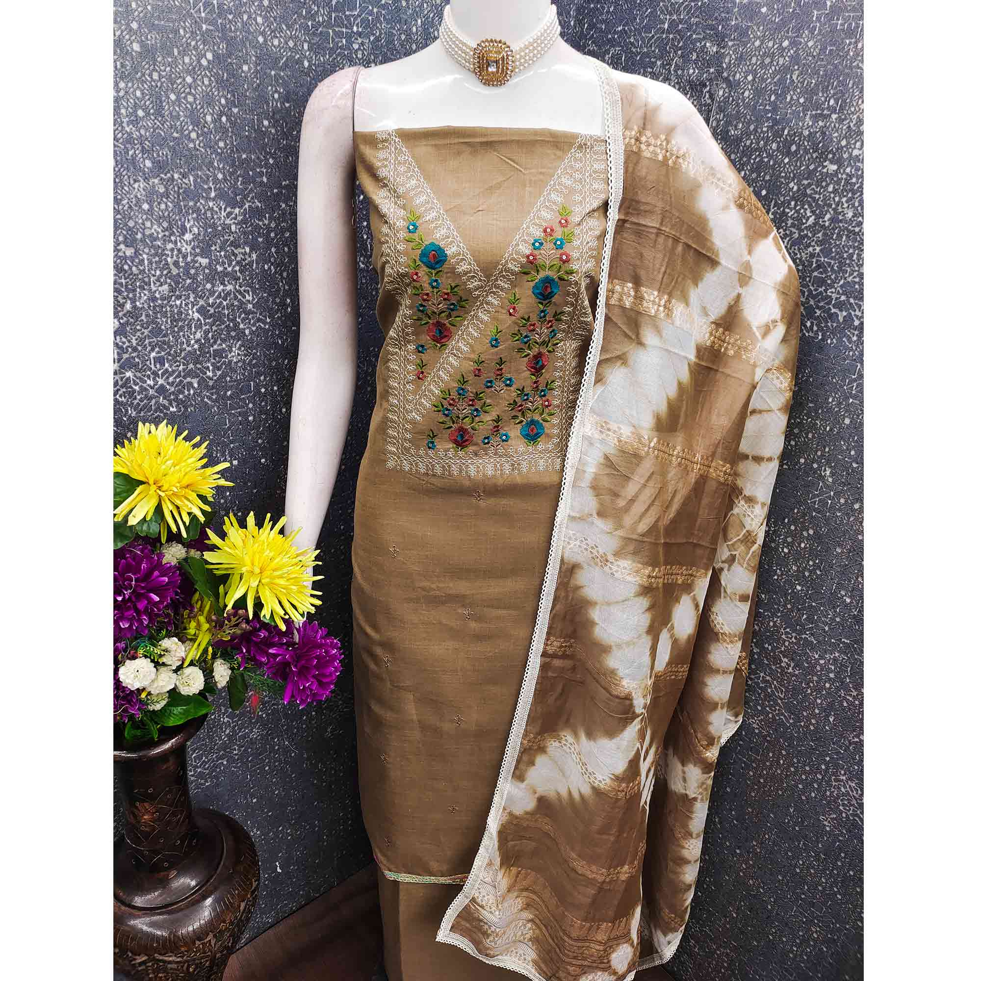 Opulent Grace Brown Cotton Blend Dress Material Adorned With Floral Thread & Sequins Work - Image 6