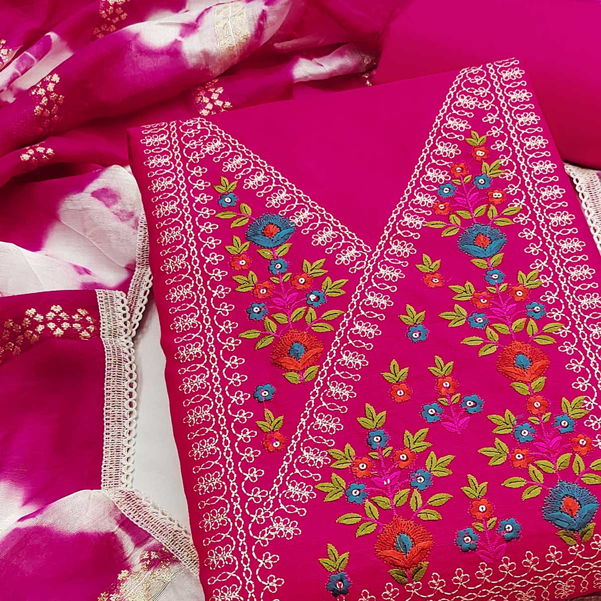 Opulent Grace Pink Cotton Blend Dress Material Adorned With Floral Thread & Sequins Work - Image 2