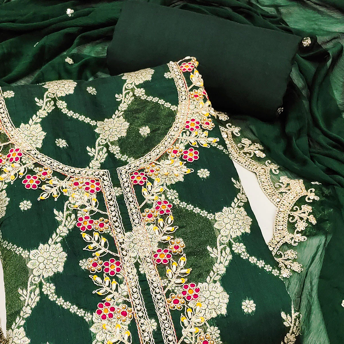 Opulent Green Floral Woven Banarasi Silk Dress Material With Detailed Handwork & Sequin Embroidery - Image 2