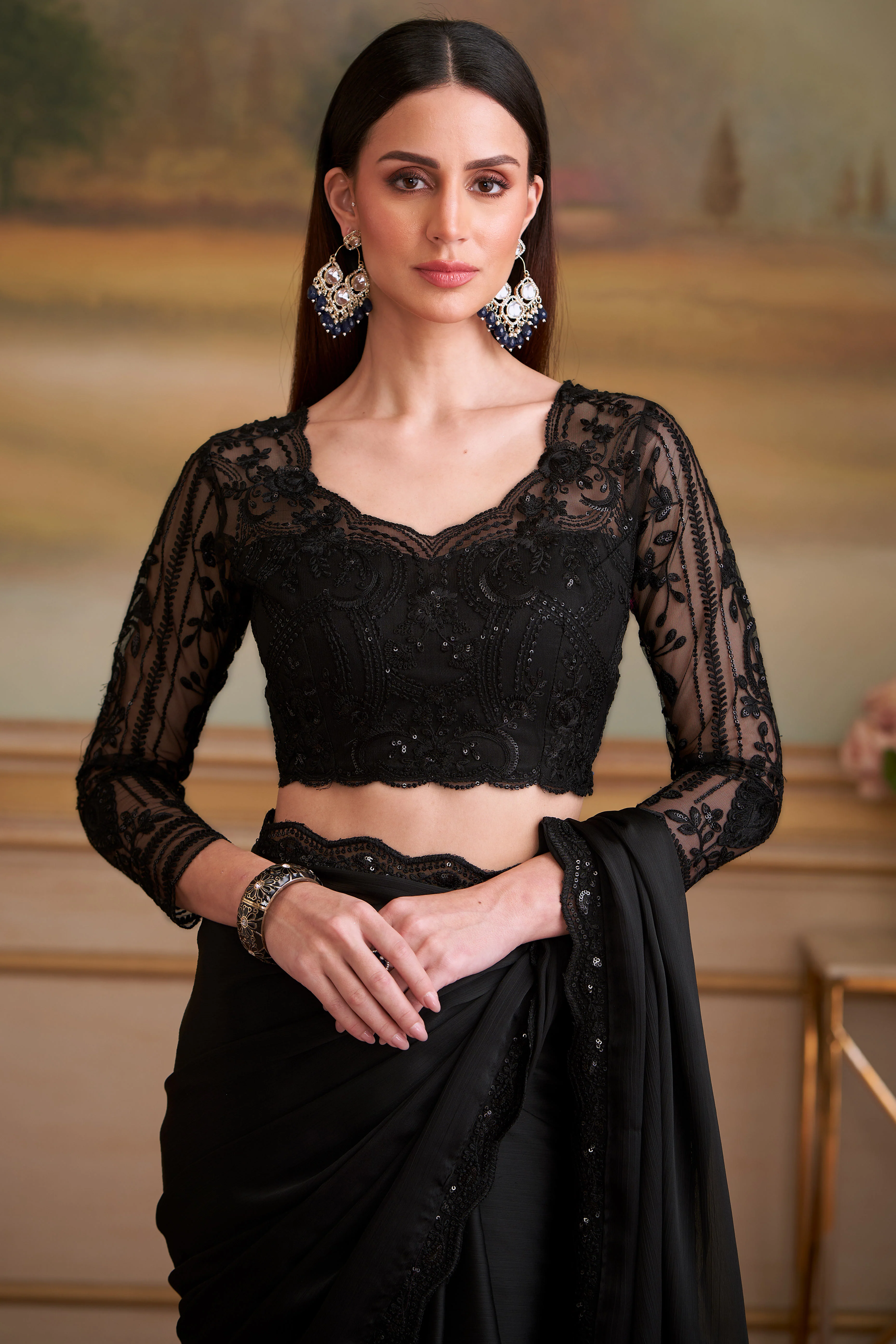 Opulent Jet Black Solid Satin Chiffon Saree With Exquisite Floral Sequins Embroidered Lace Border - Image 4