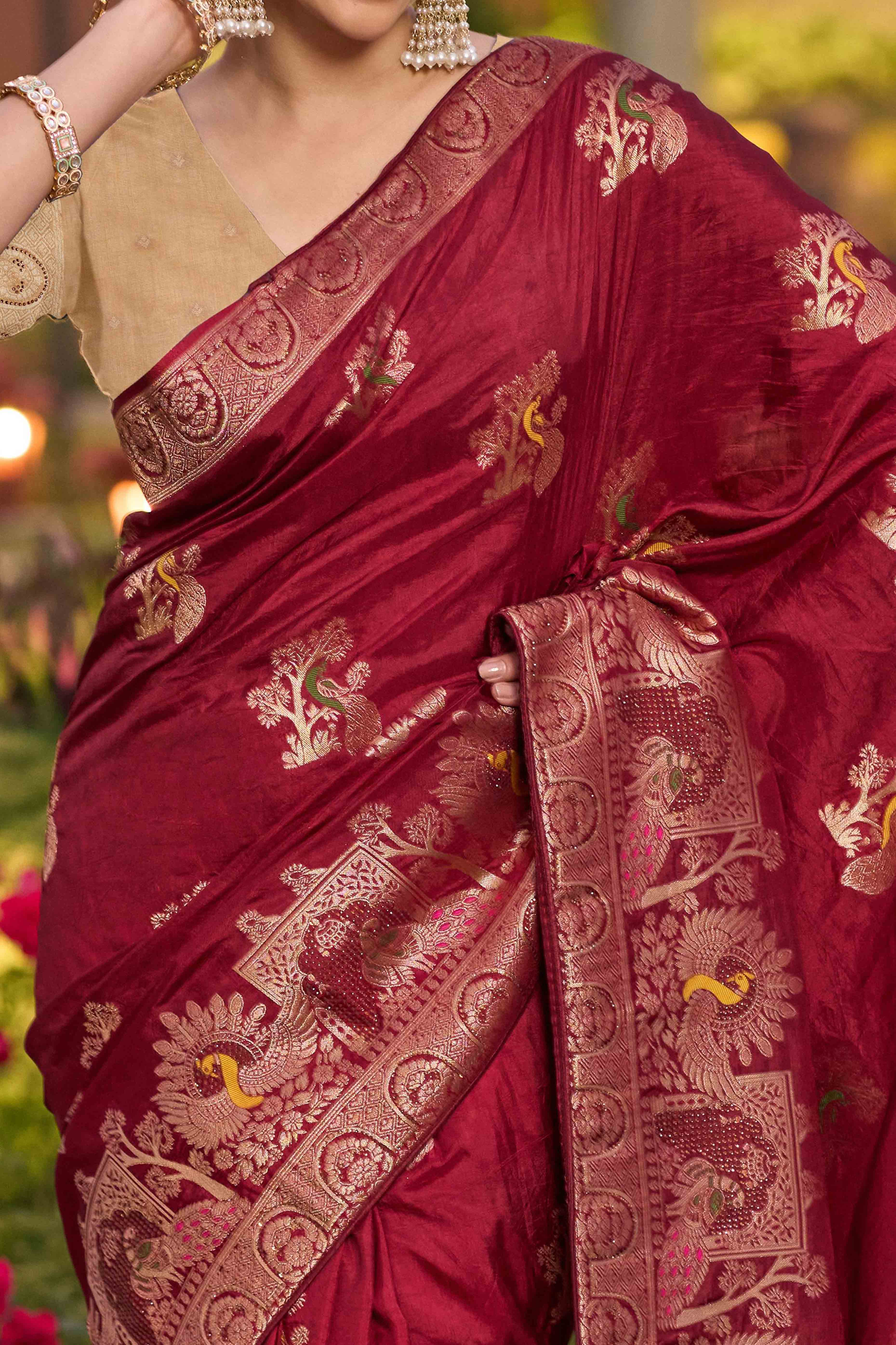 Opulent Maroon Dola Silk Saree With Exquisite Zari Weaving & Swarovski Embellishments - Image 2