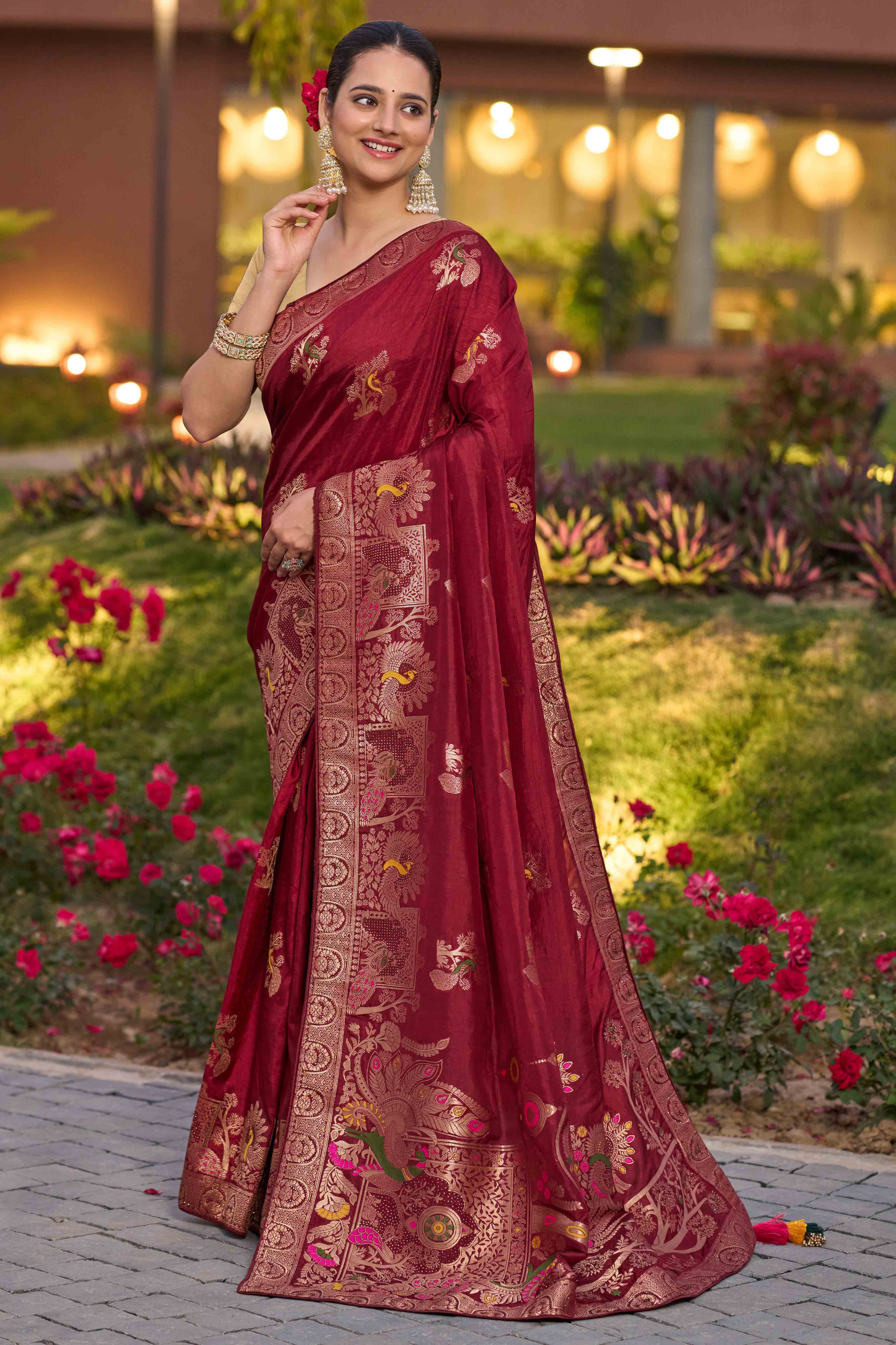 Opulent Maroon Dola Silk Saree With Exquisite Zari Weaving & Swarovski Embellishments - Image 4