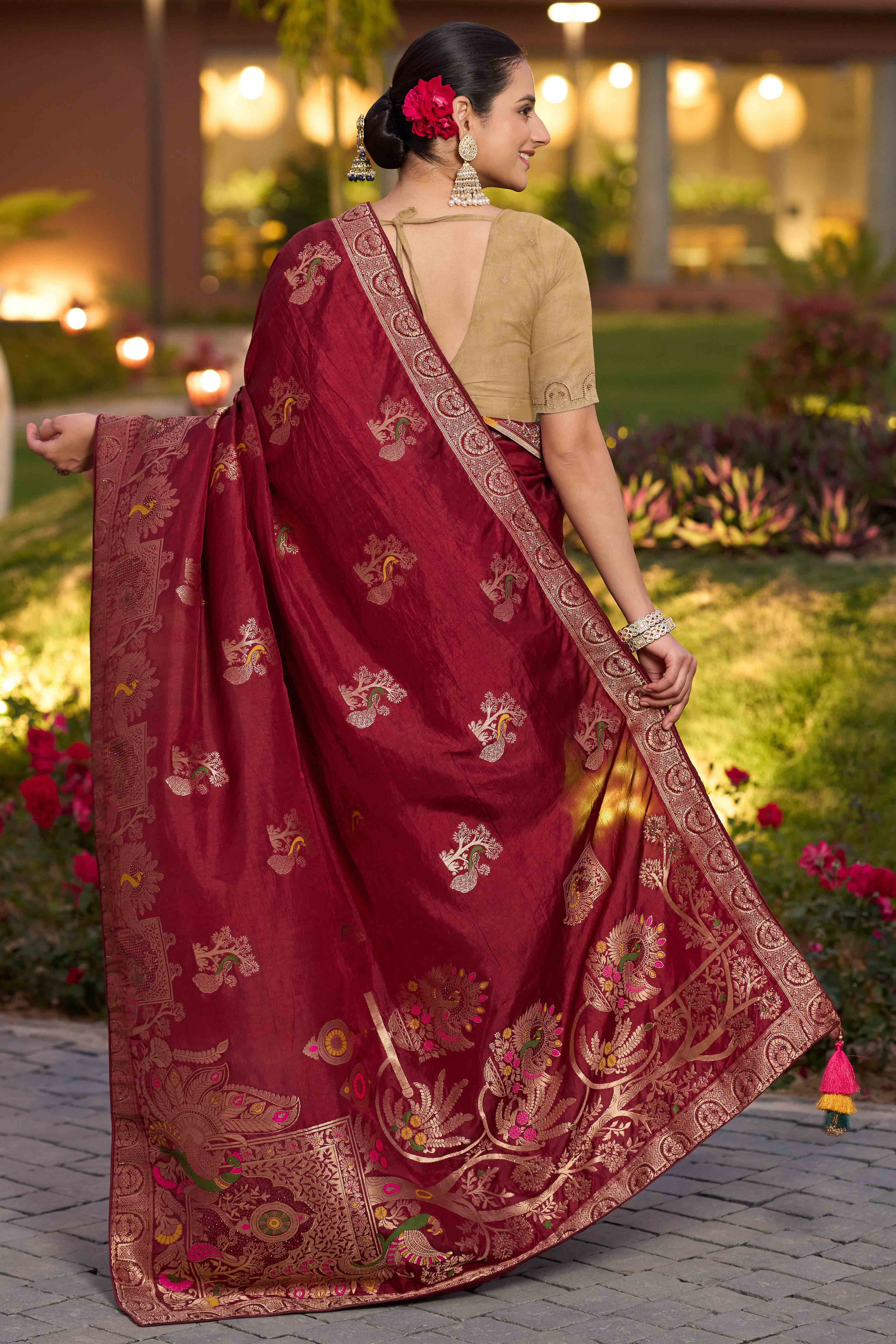 Opulent Maroon Dola Silk Saree With Exquisite Zari Weaving & Swarovski Embellishments - Image 5