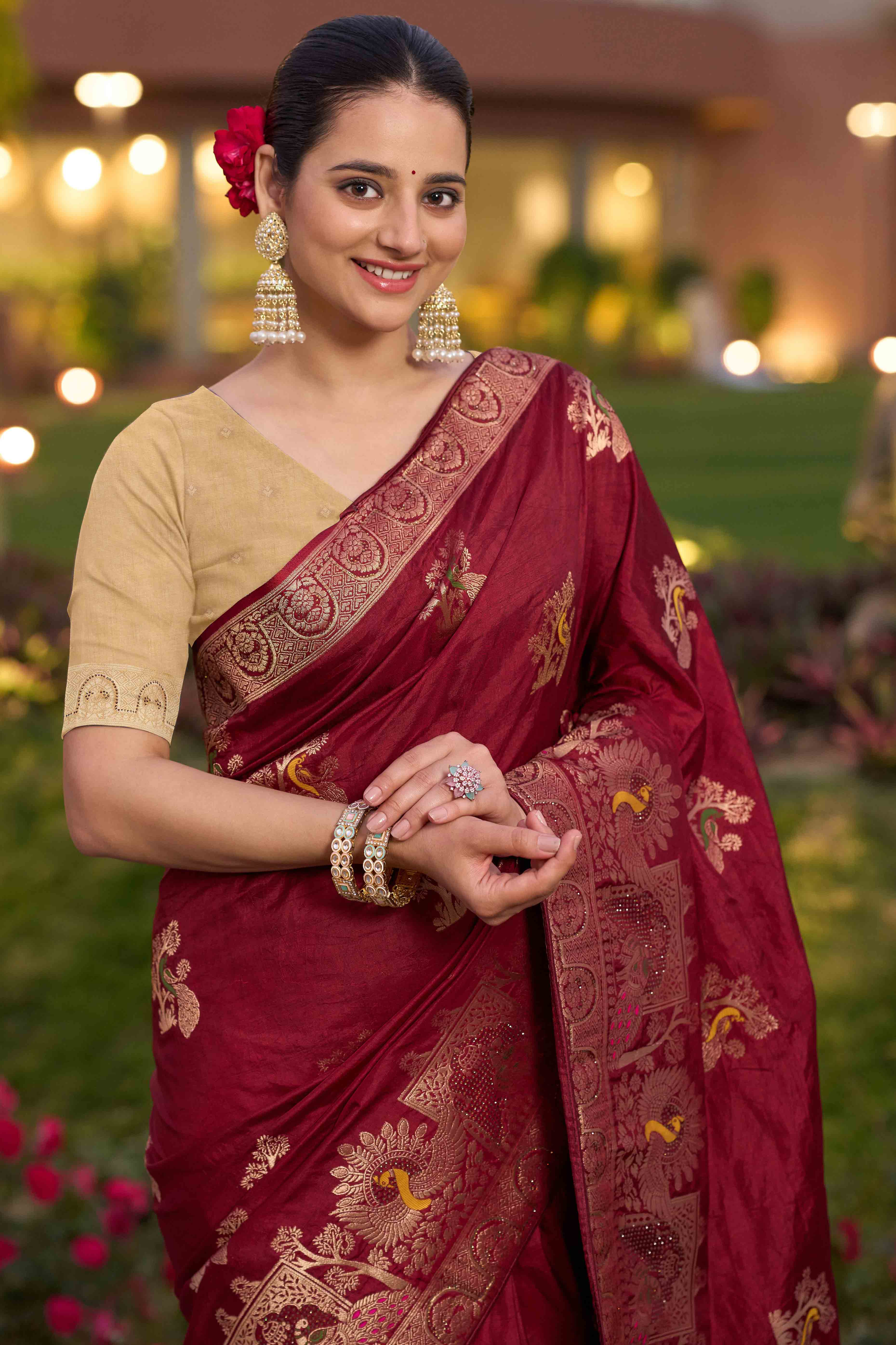Opulent Maroon Dola Silk Saree With Exquisite Zari Weaving & Swarovski Embellishments - Image 6
