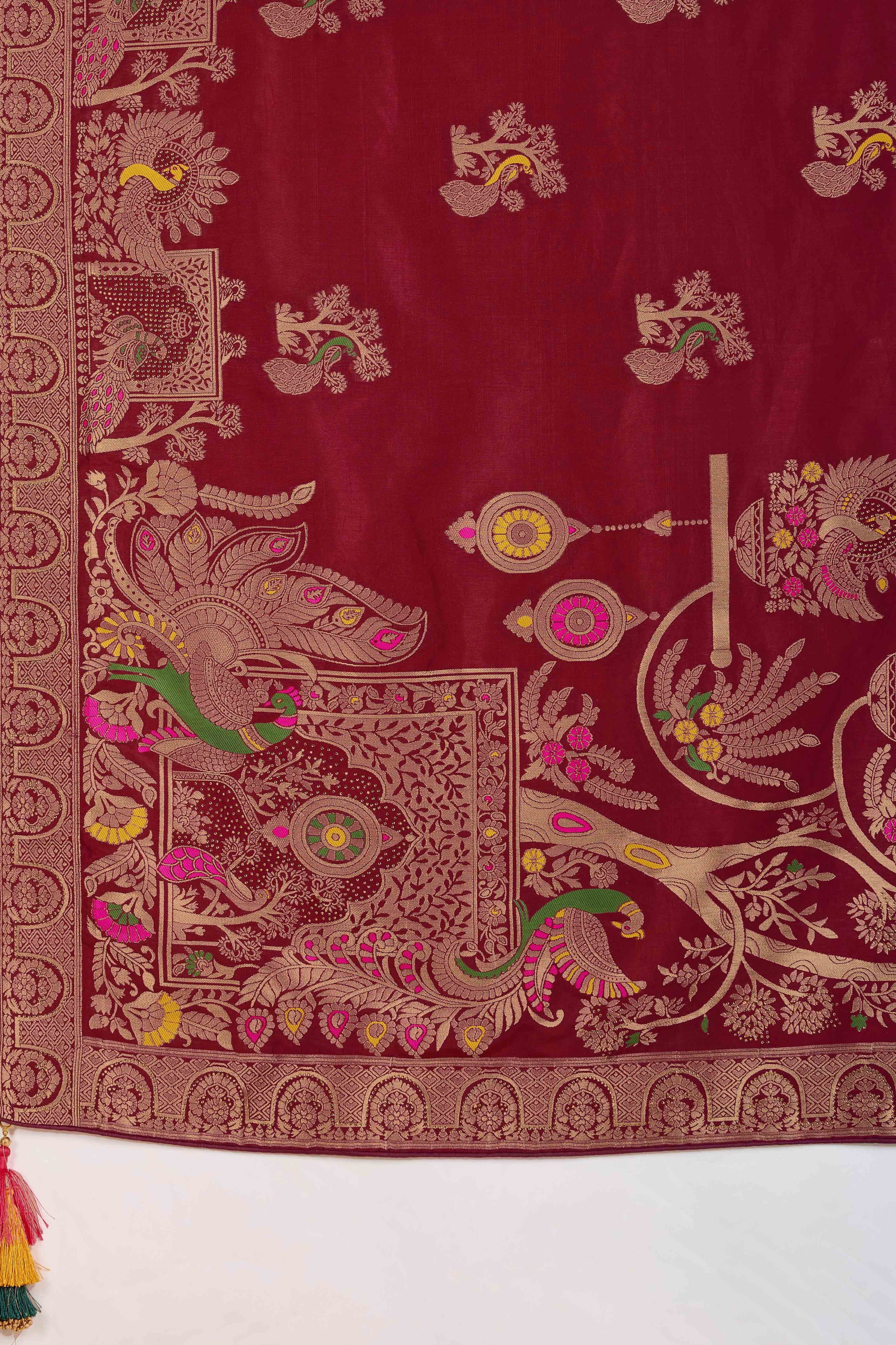 Opulent Maroon Dola Silk Saree With Exquisite Zari Weaving & Swarovski Embellishments - Image 7