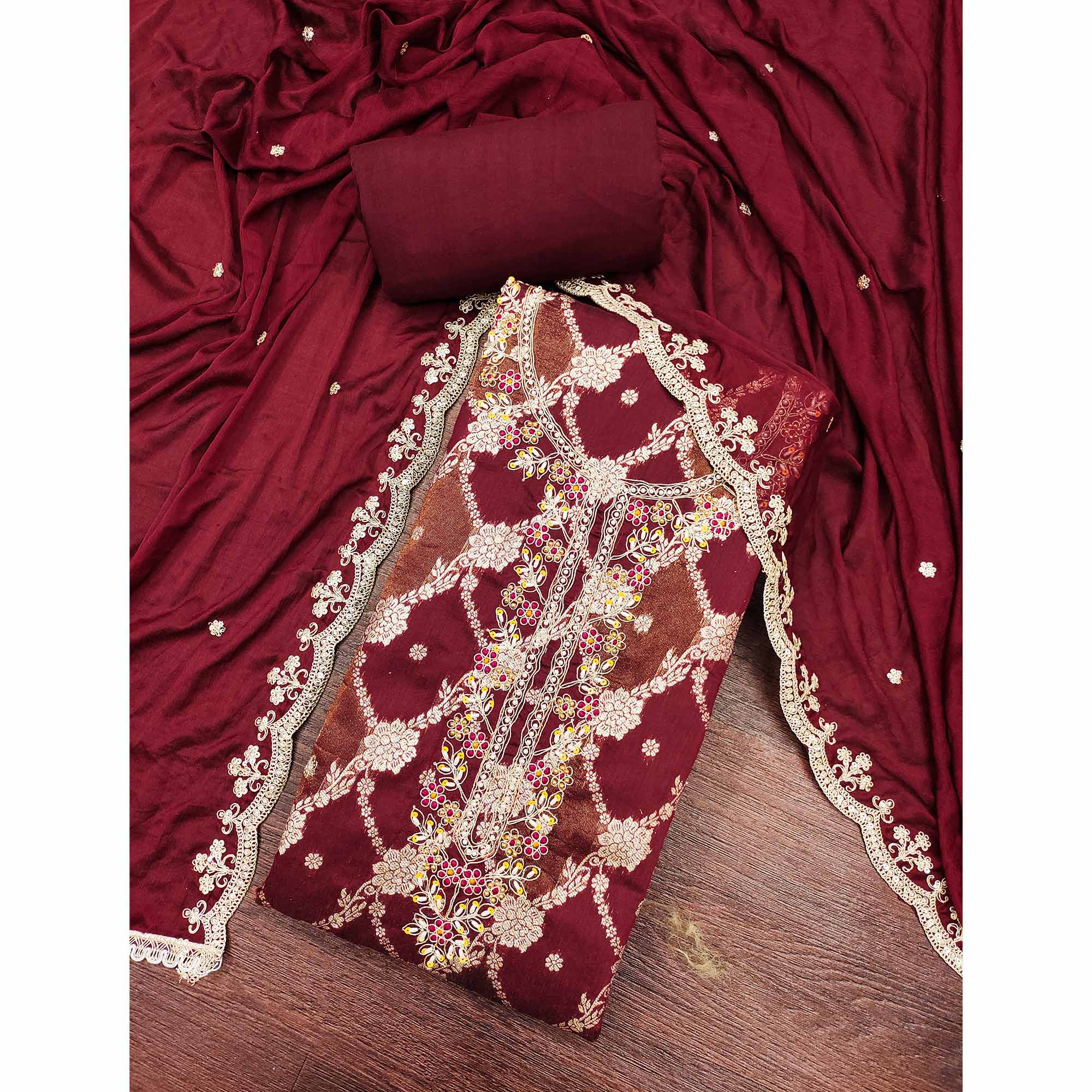 Opulent Maroon Floral Woven Banarasi Silk Dress Material With Detailed Handwork & Sequin Embroidery - Image 3