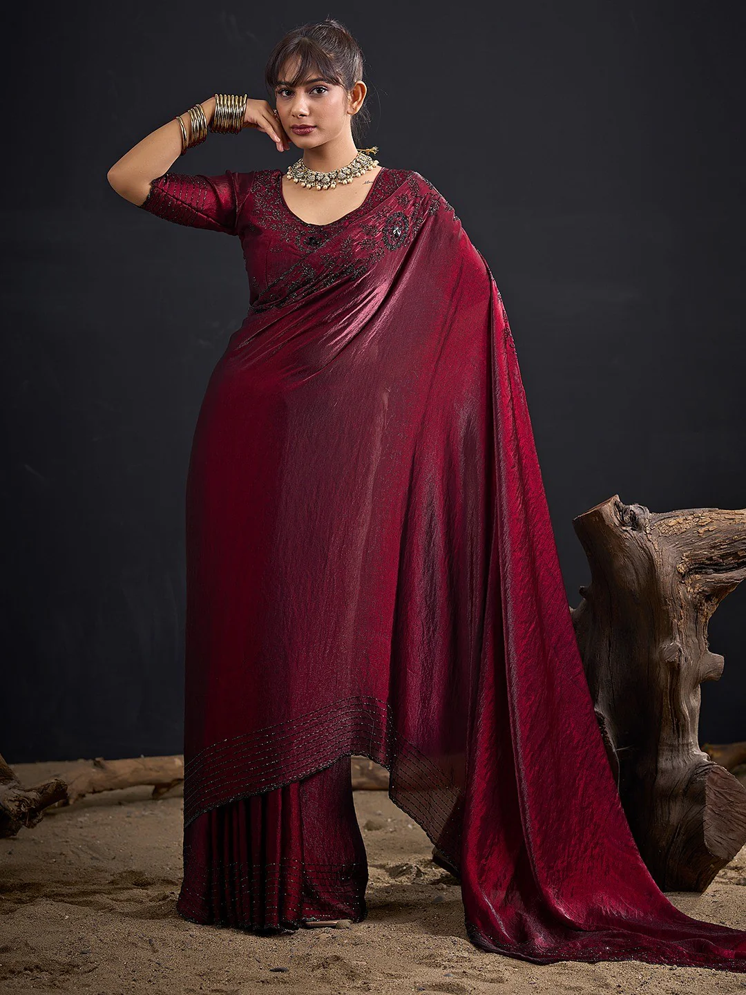 Opulent Maroon Stone Work Satin Silk Saree With Hand Cut Dana & Sequin Applic Work