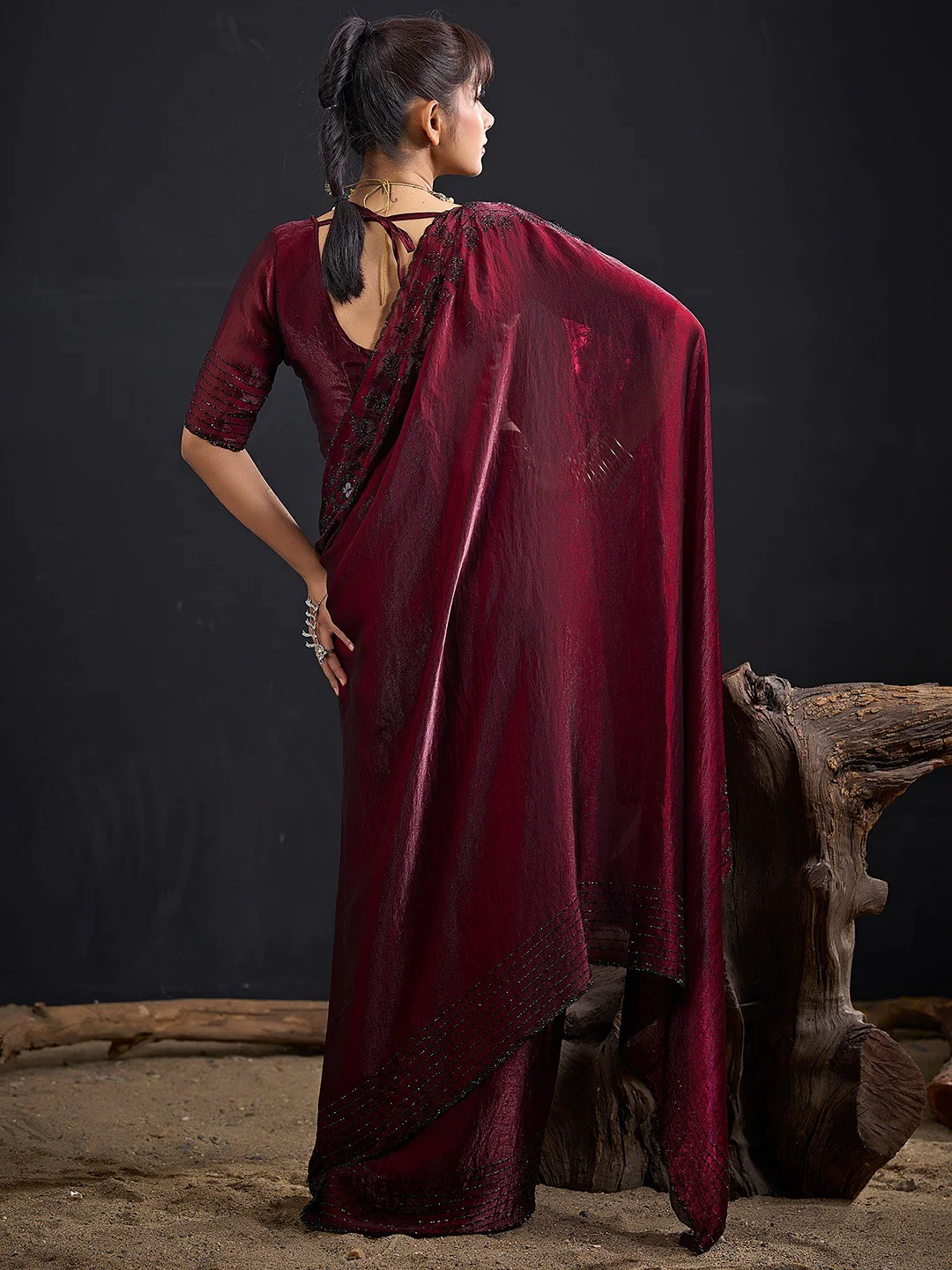 Opulent Maroon Stone Work Satin Silk Saree With Hand Cut Dana & Sequin Applic Work - Image 4