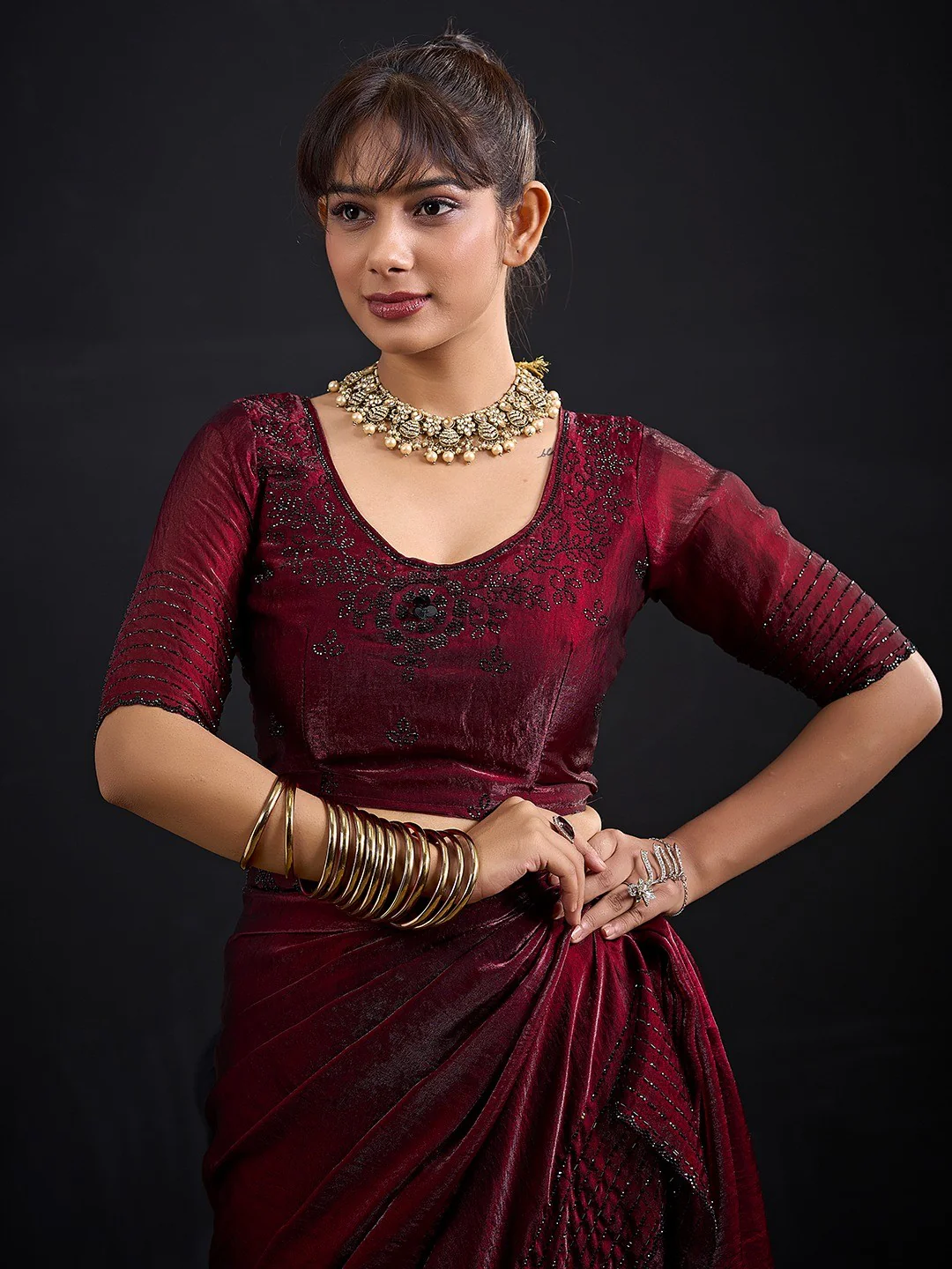 Opulent Maroon Stone Work Satin Silk Saree With Hand Cut Dana & Sequin Applic Work - Image 5
