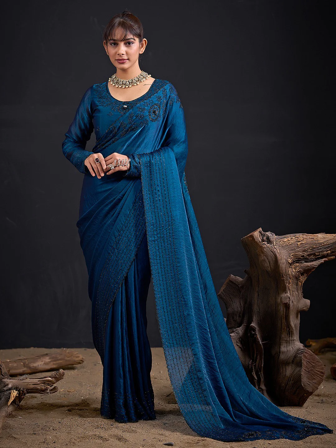 Opulent Morpich Blue Stone Work Satin Silk Saree With Hand Cut Dana & Sequin Applic Work