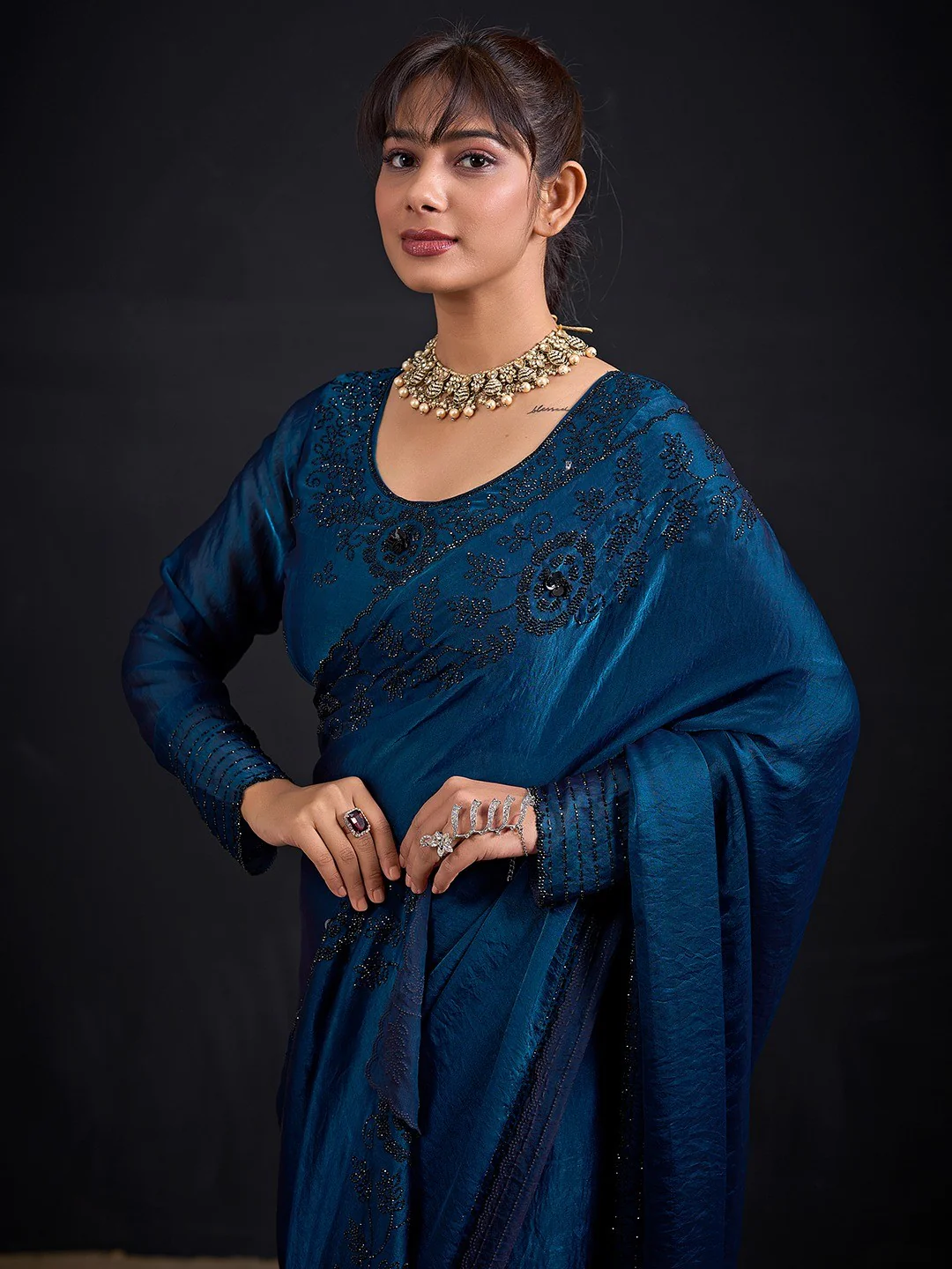 Opulent Morpich Blue Stone Work Satin Silk Saree With Hand Cut Dana & Sequin Applic Work - Image 2