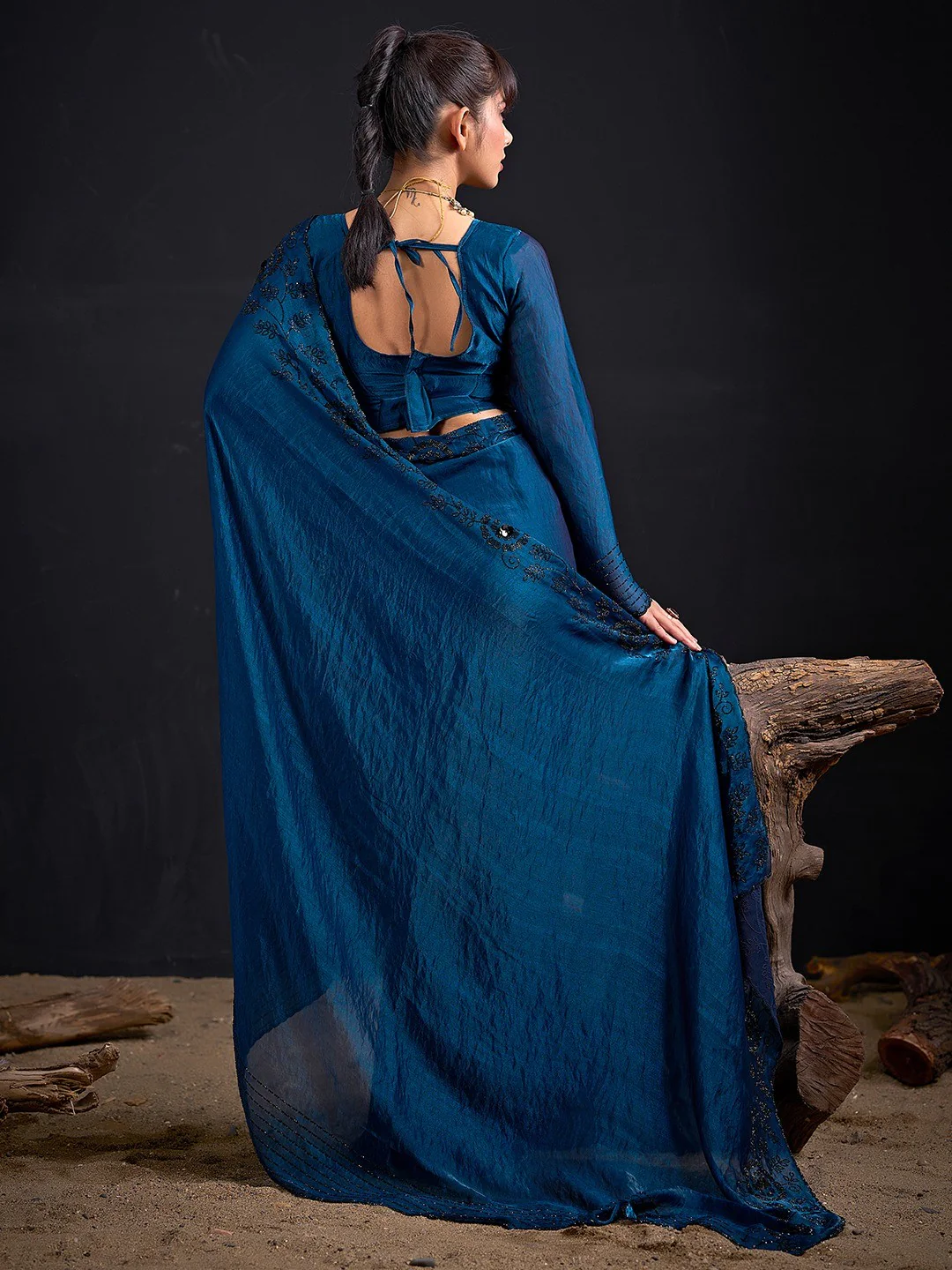 Opulent Morpich Blue Stone Work Satin Silk Saree With Hand Cut Dana & Sequin Applic Work - Image 4