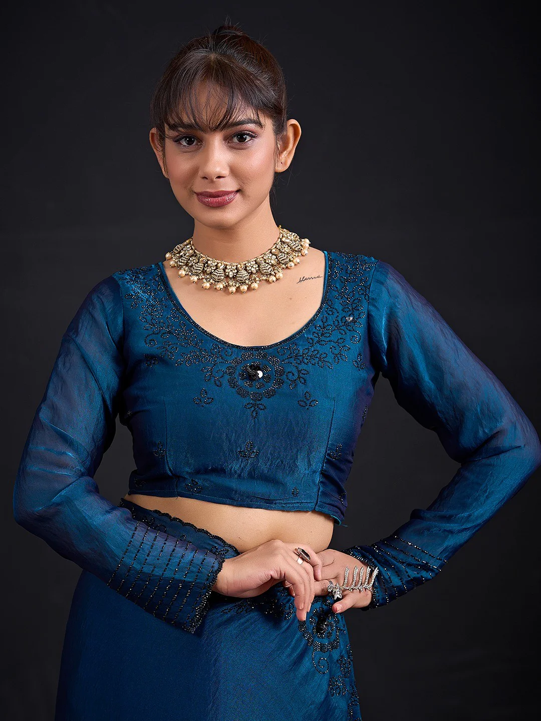 Opulent Morpich Blue Stone Work Satin Silk Saree With Hand Cut Dana & Sequin Applic Work - Image 5