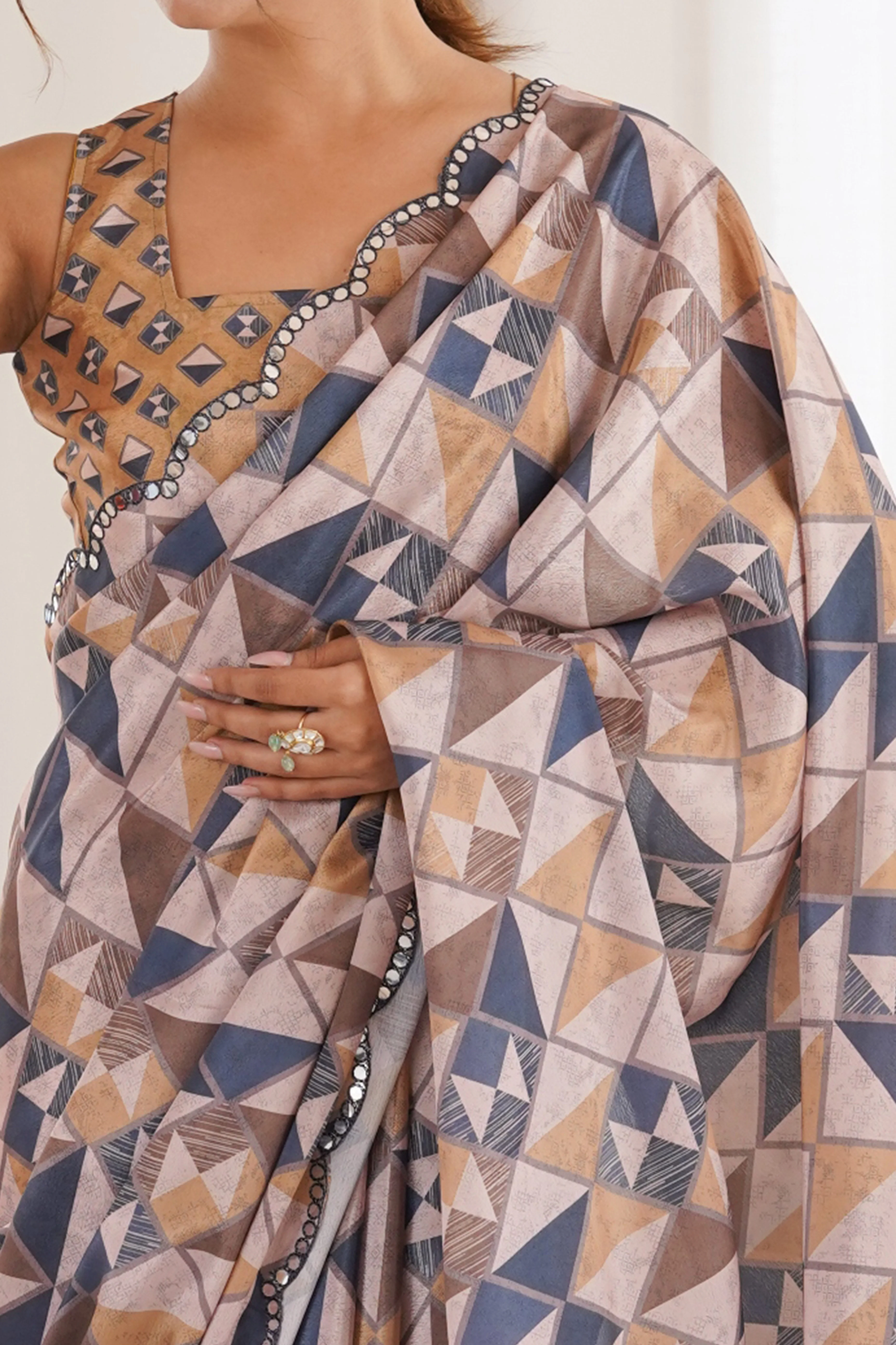 Opulent Multicolor Geometric Digital Printed Chinon Saree Enhanced With Premium Embroidered Border - Image 2