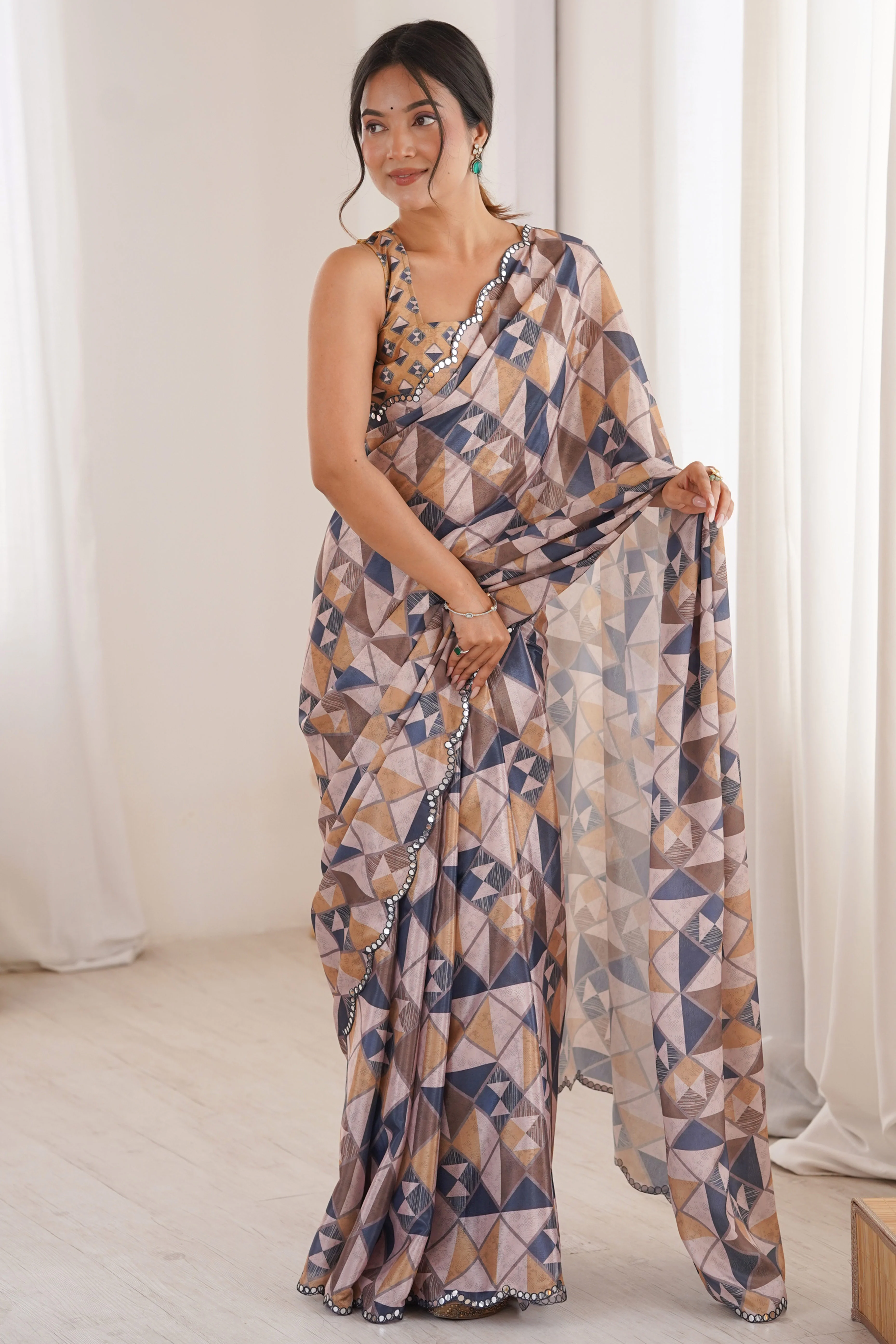 Opulent Multicolor Geometric Digital Printed Chinon Saree Enhanced With Premium Embroidered Border - Image 3