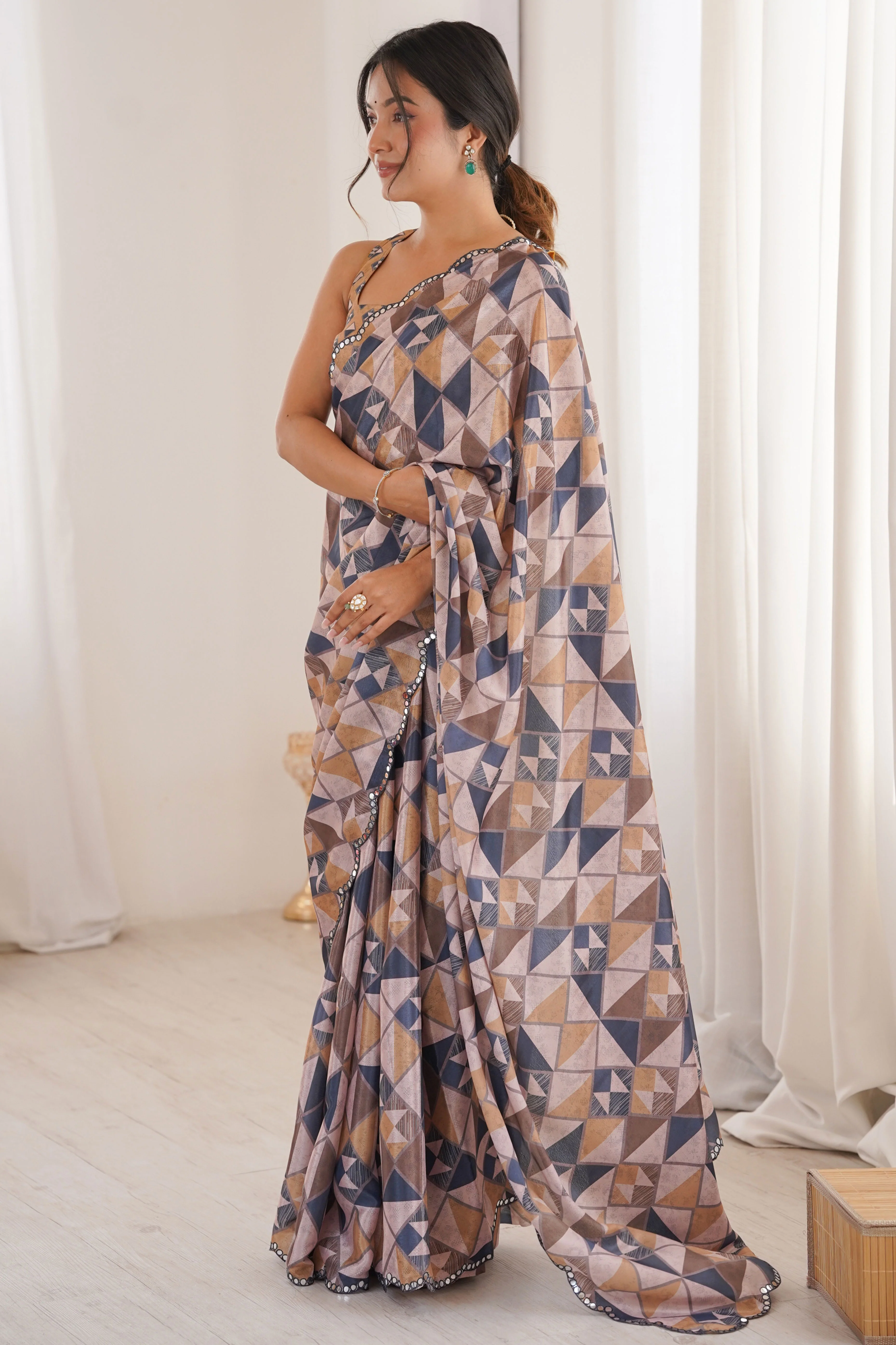 Opulent Multicolor Geometric Digital Printed Chinon Saree Enhanced With Premium Embroidered Border - Image 5