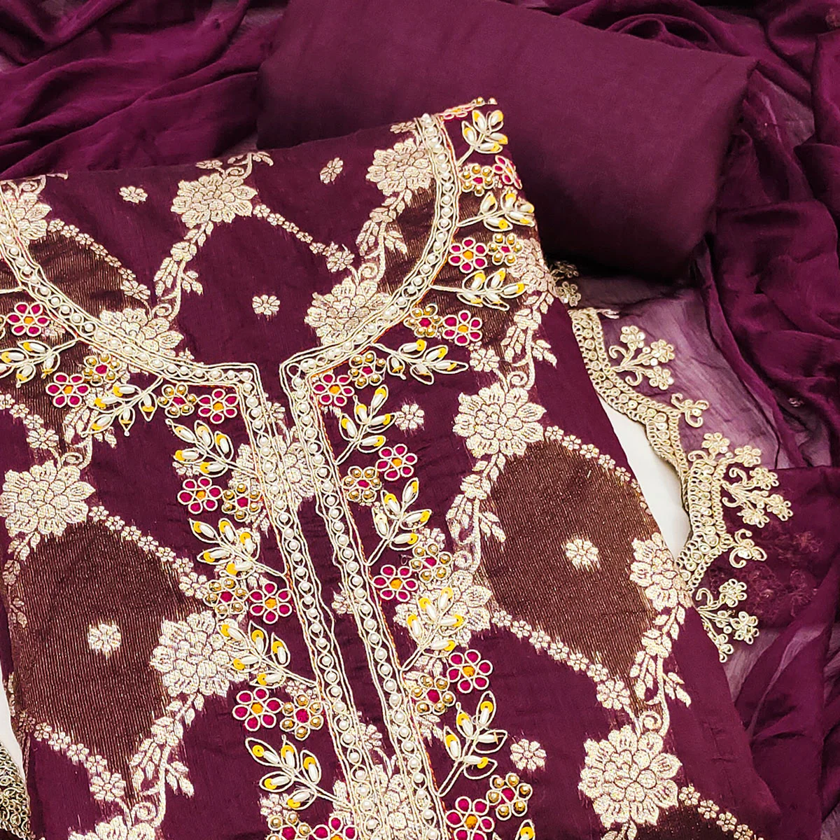 Opulent Wine Floral Woven Banarasi Silk Dress Material With Detailed Handwork & Sequin Embroidery - Image 2