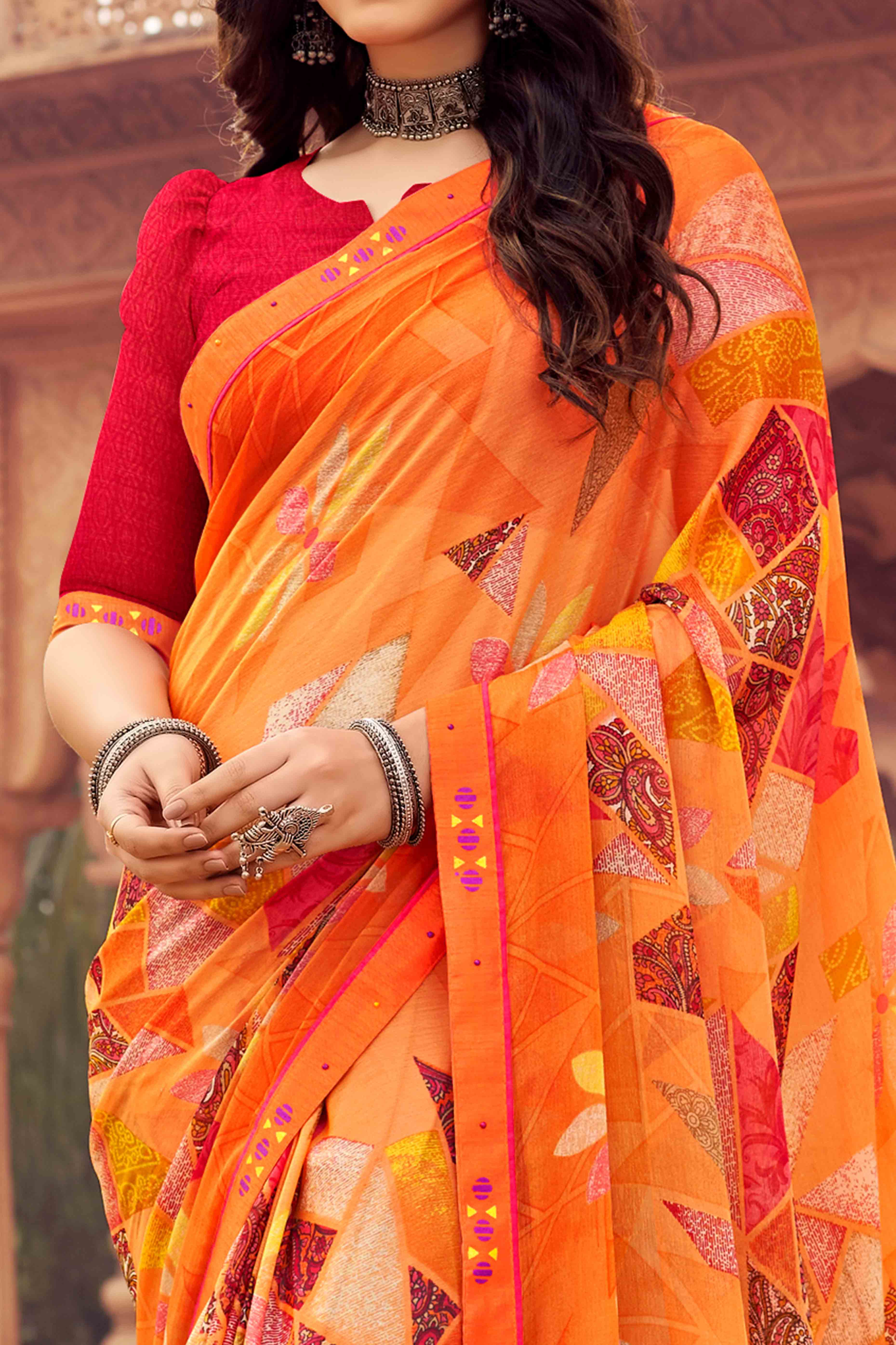 Orange Abstract Printed Chiffon Saree - Image 2
