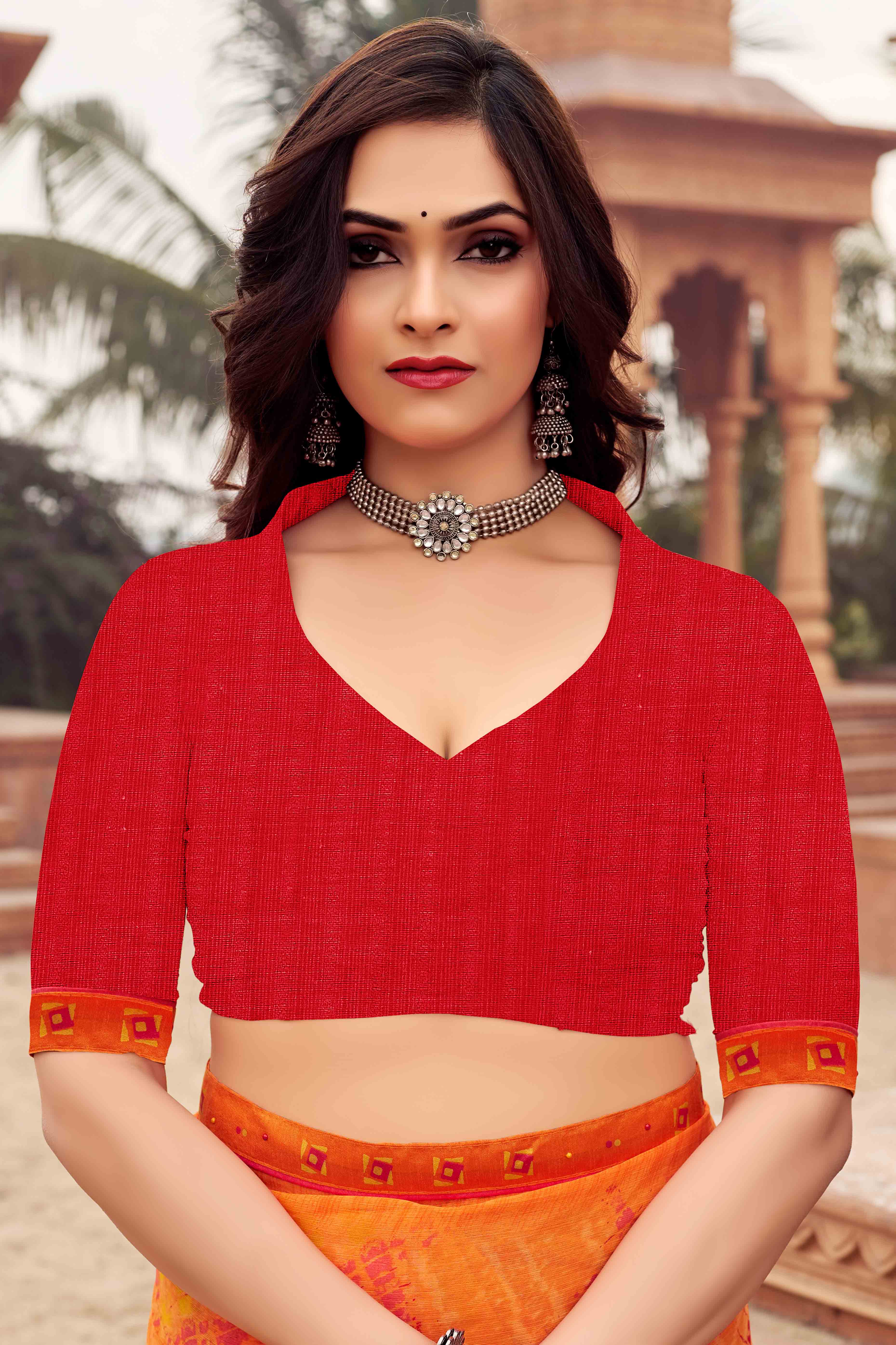 Orange Abstract Printed Chiffon Saree - Image 5