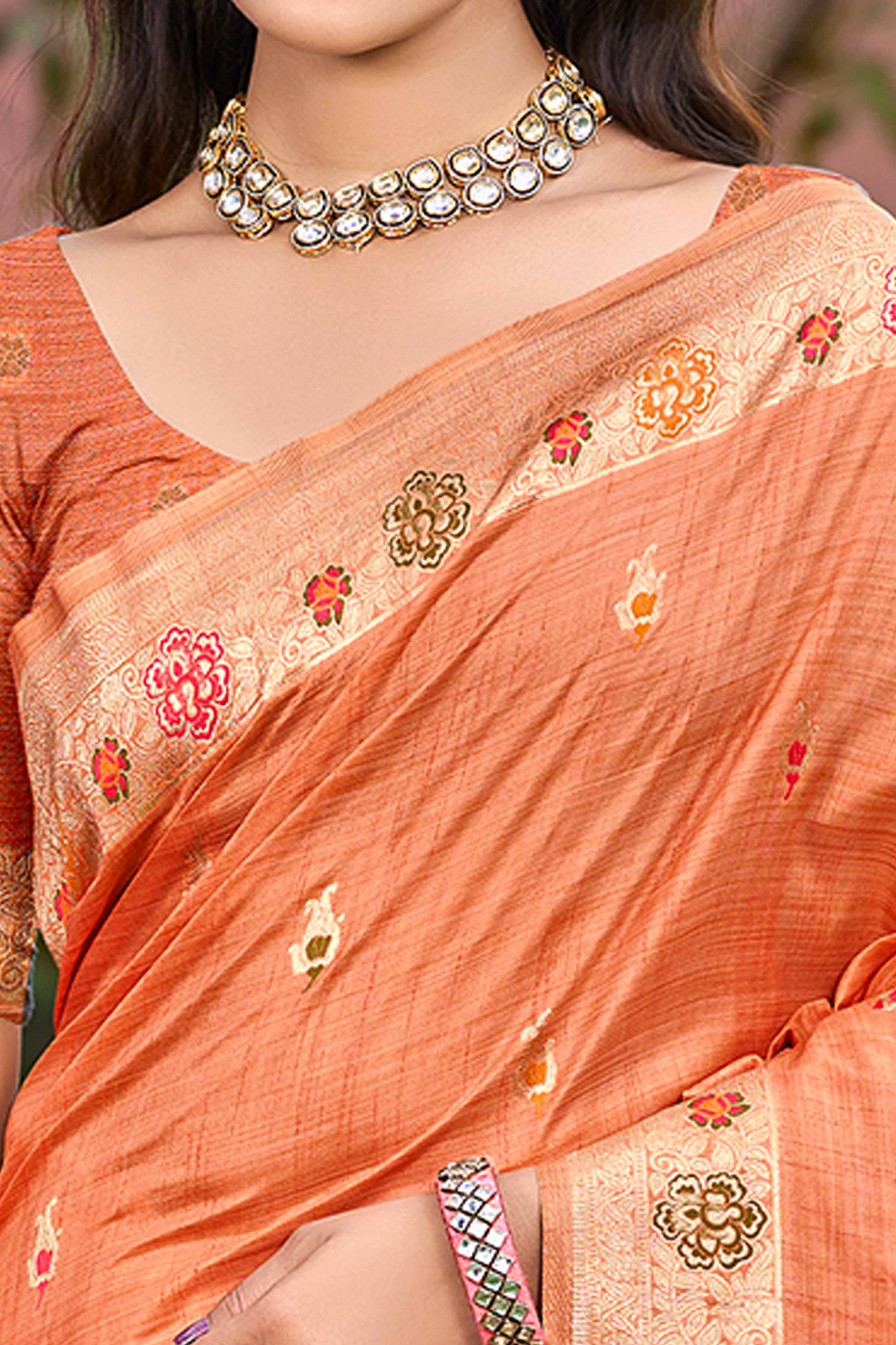 Orange Assam Silk Blend  Saree Featuring Intricate Floral Zari Weave & Tassel Pallu - Image 2