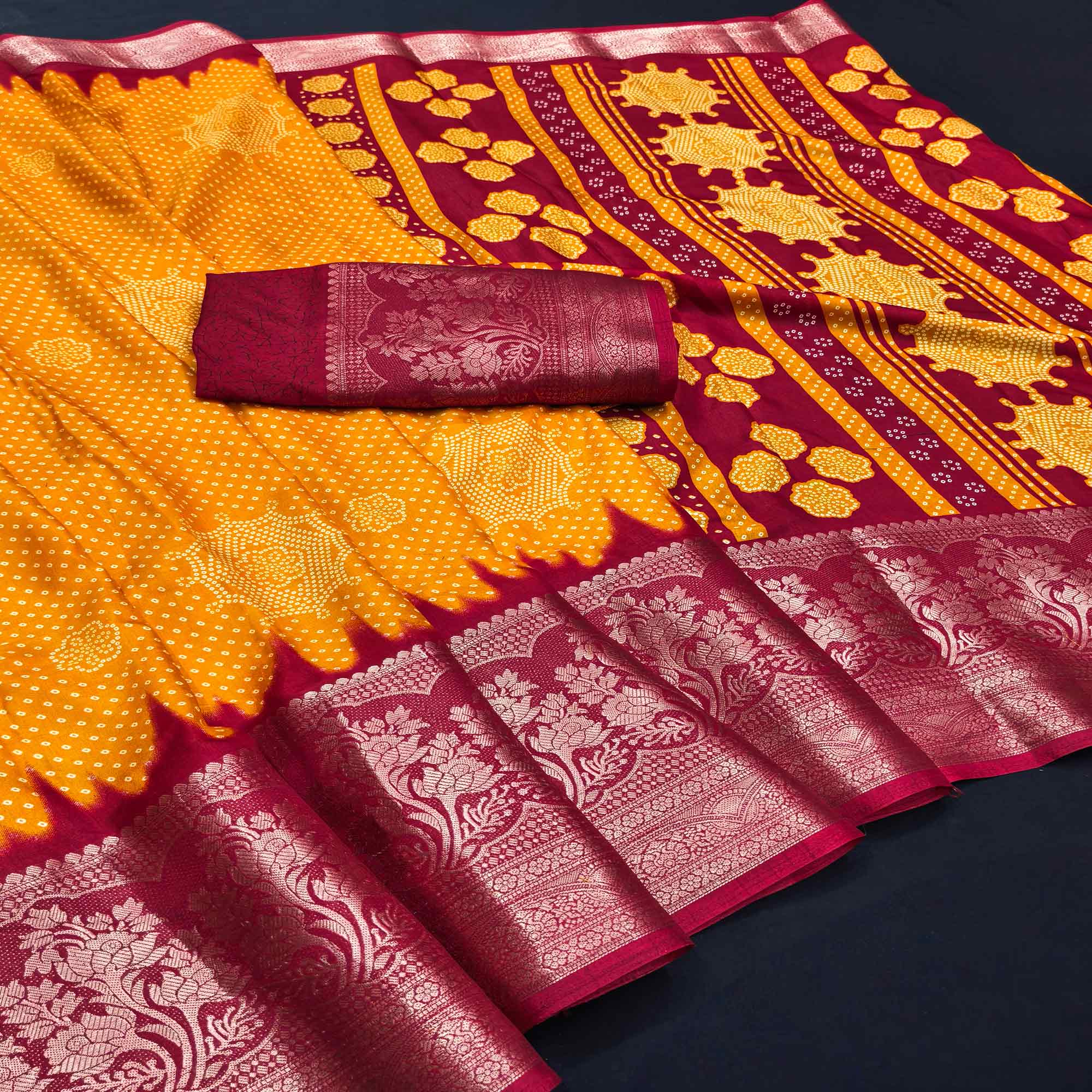 Orange Bandhani Printed Dola Silk Saree Adorned With Luxe Floral Weaving Border Work - Image 3
