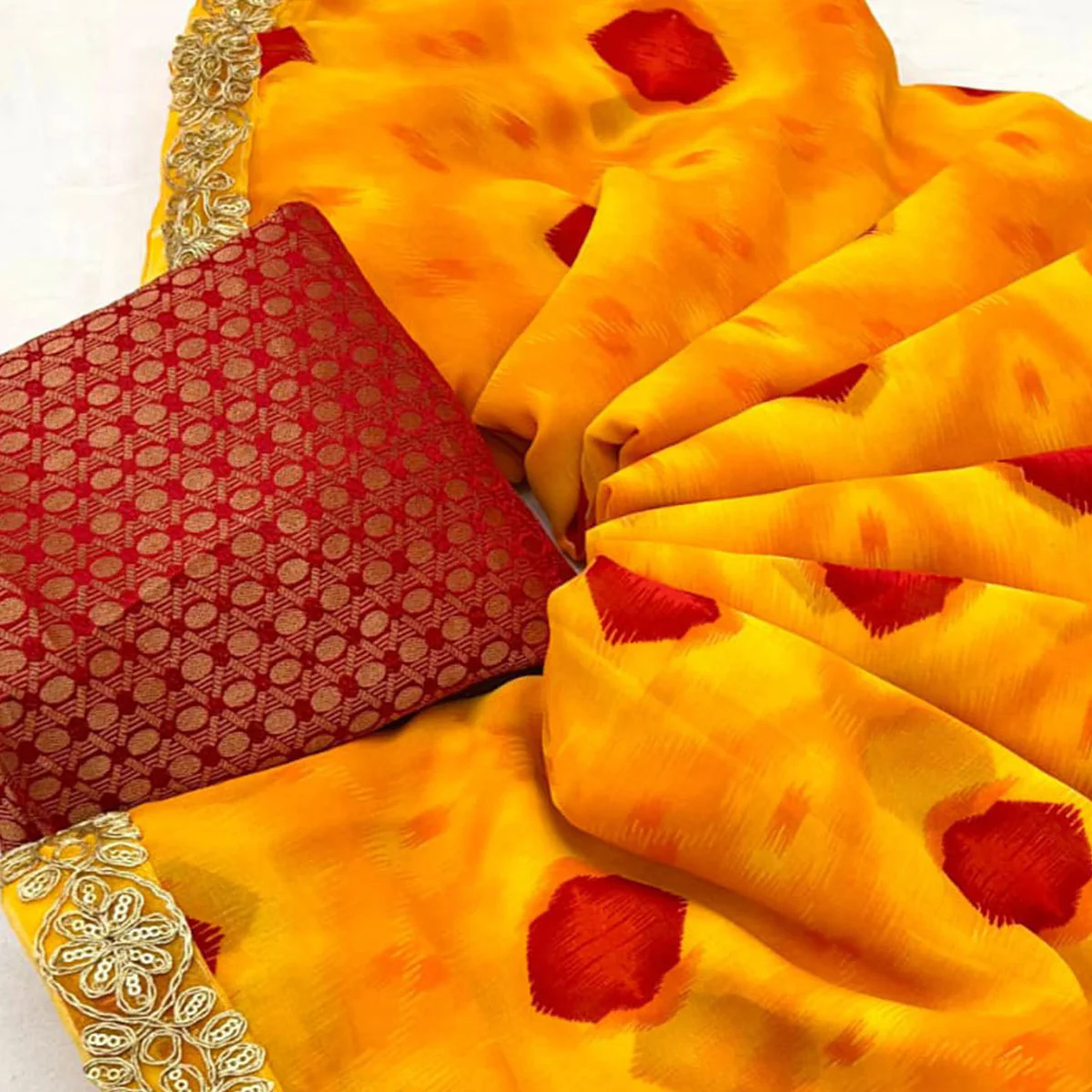 Orange Bandhani Printed Georgette Saree With Sequins Border - Image 2