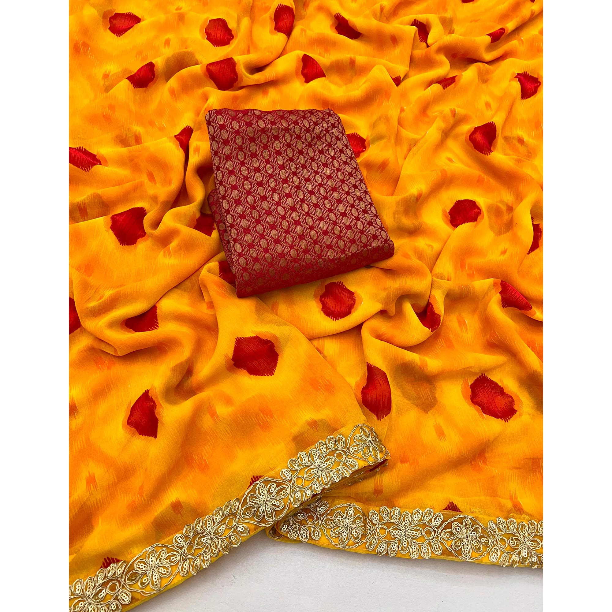 Orange Bandhani Printed Georgette Saree With Sequins Border - Image 3