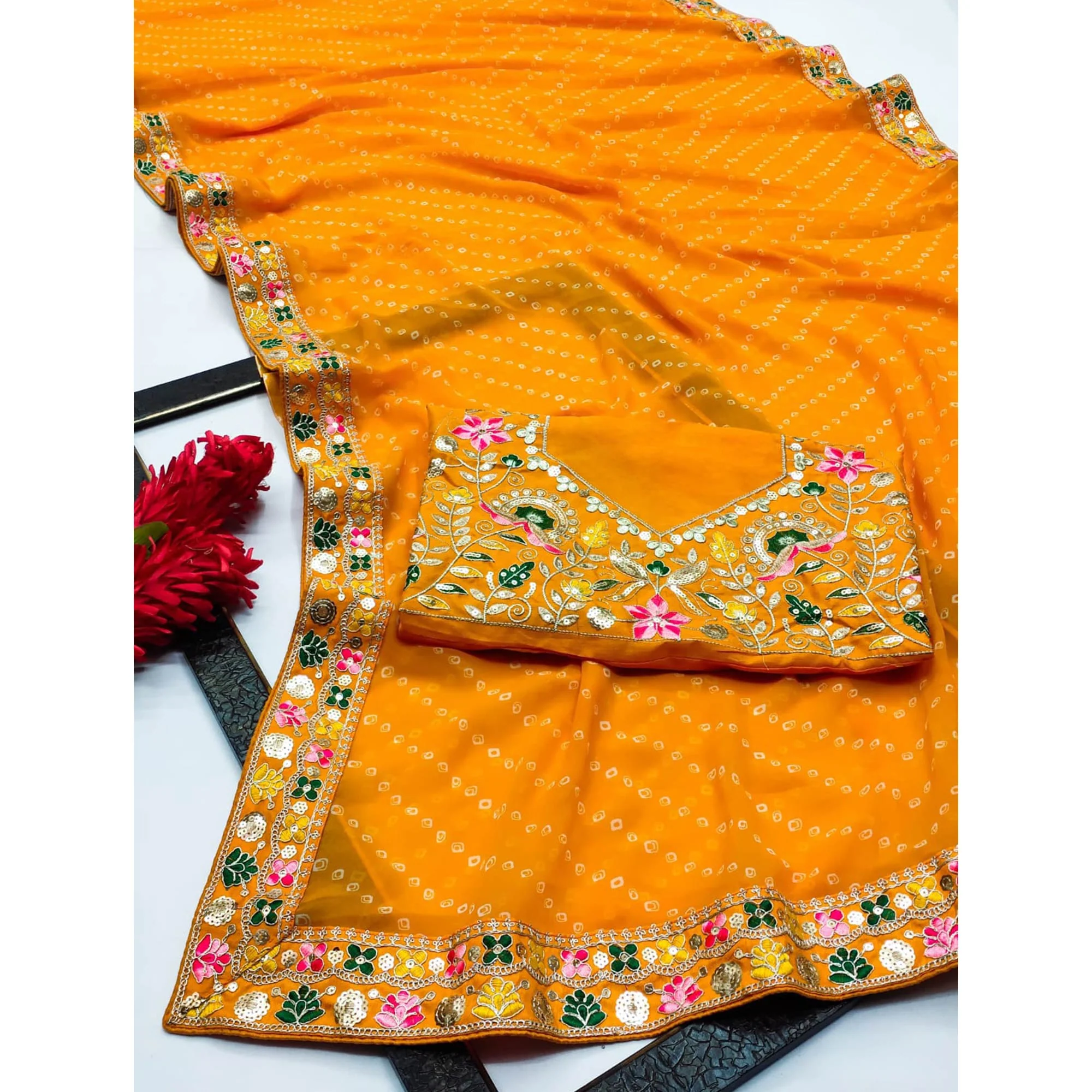 Orange Bandhani Printed Georgette Saree With Sparkling Sequin Embroidered Border - Image 4