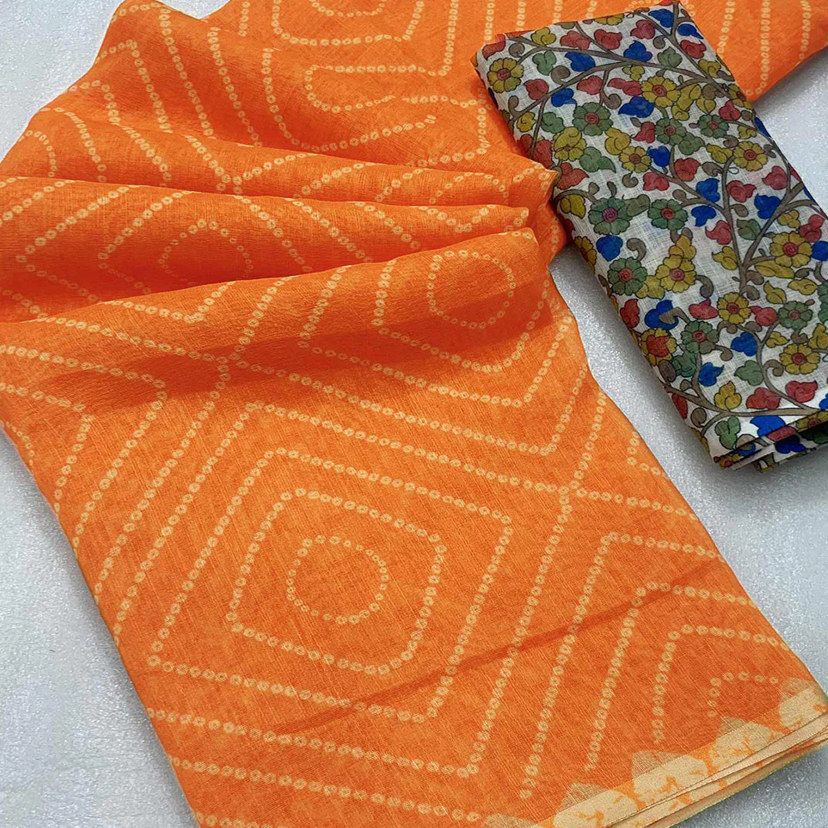 Orange Bandhani Printed Linen Saree With Delicate Tassel Border - Image 2