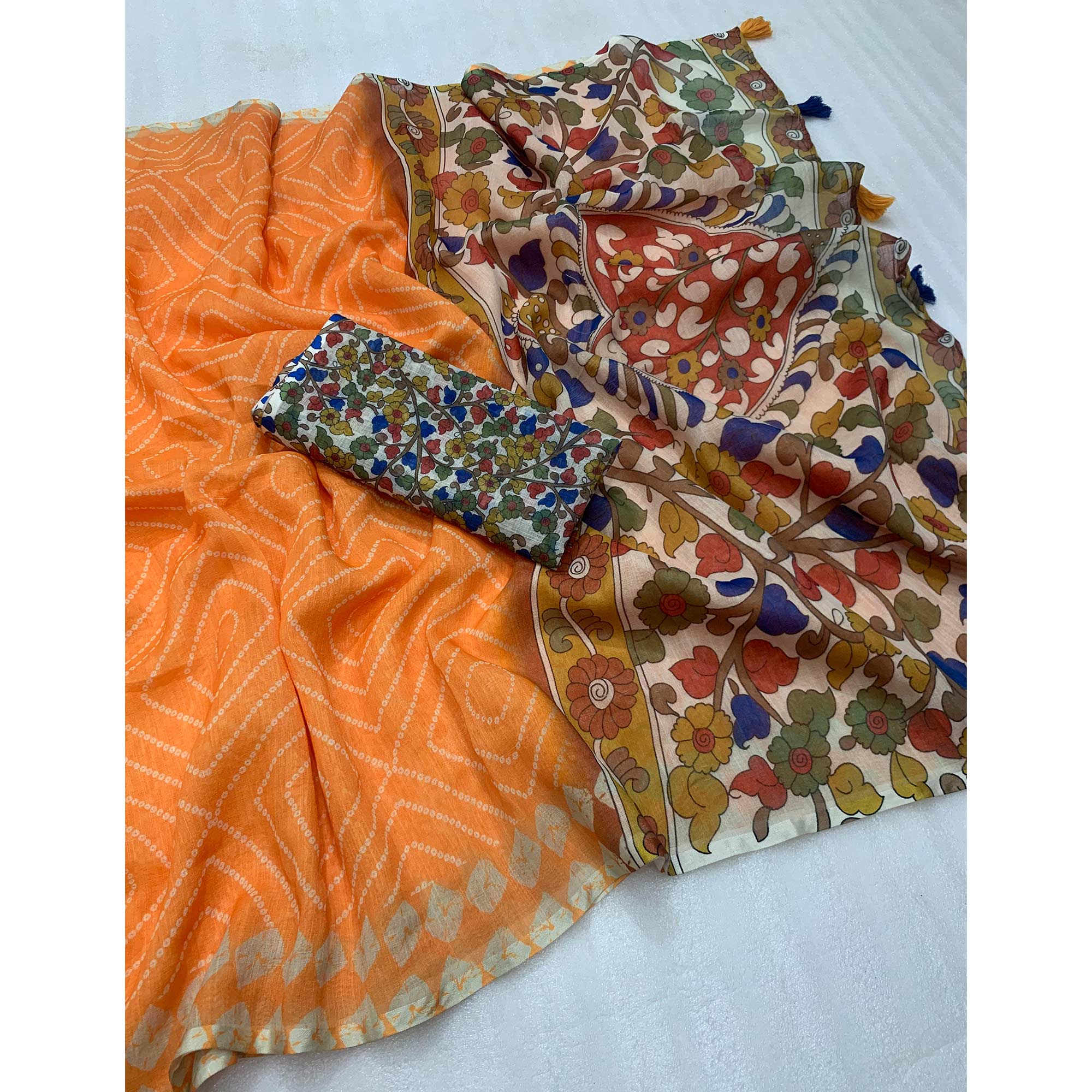 Orange Bandhani Printed Linen Saree With Delicate Tassel Border - Image 3