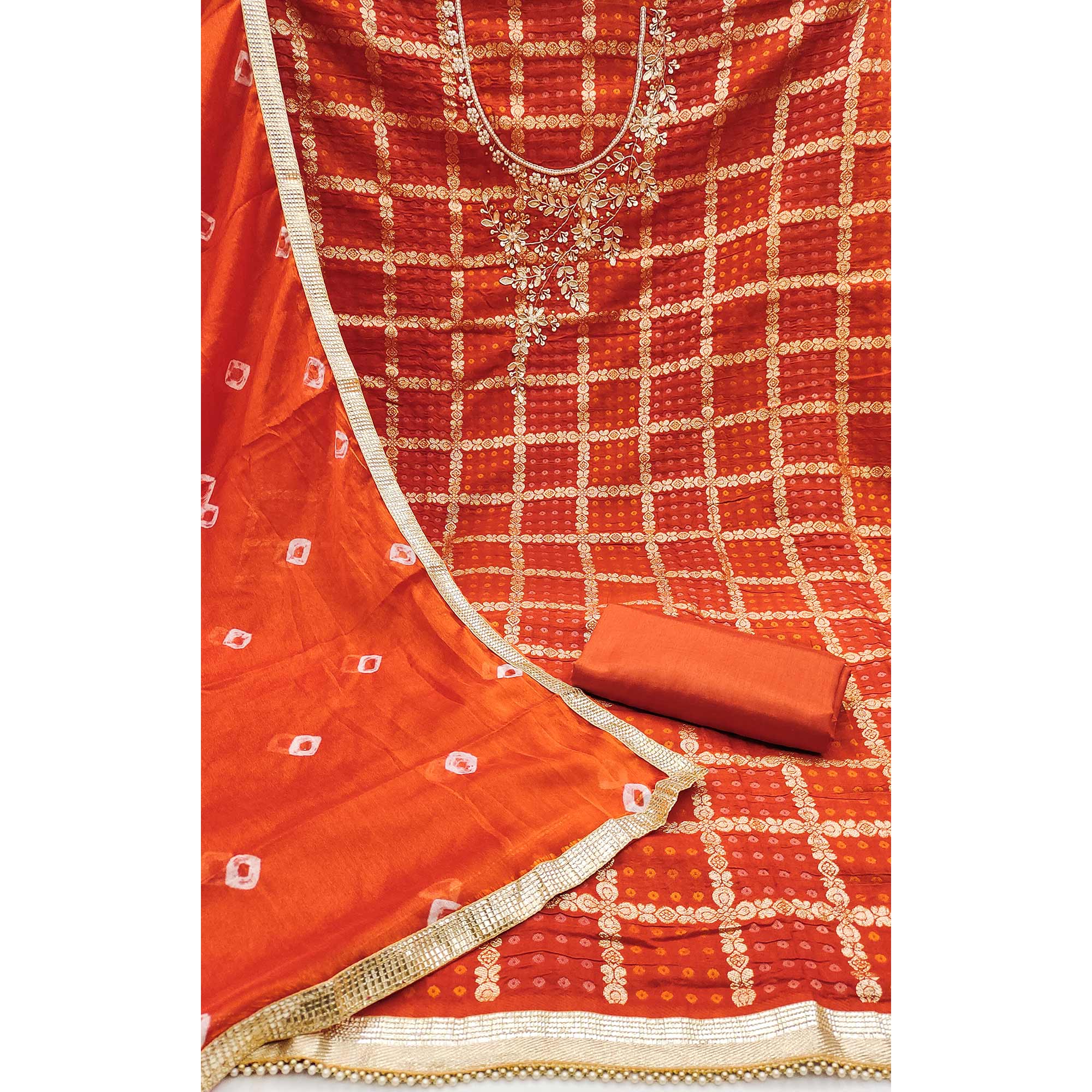 Orange Bandhani Woven With Handwork Cotton Silk Banarasi Dress Material - Image 4