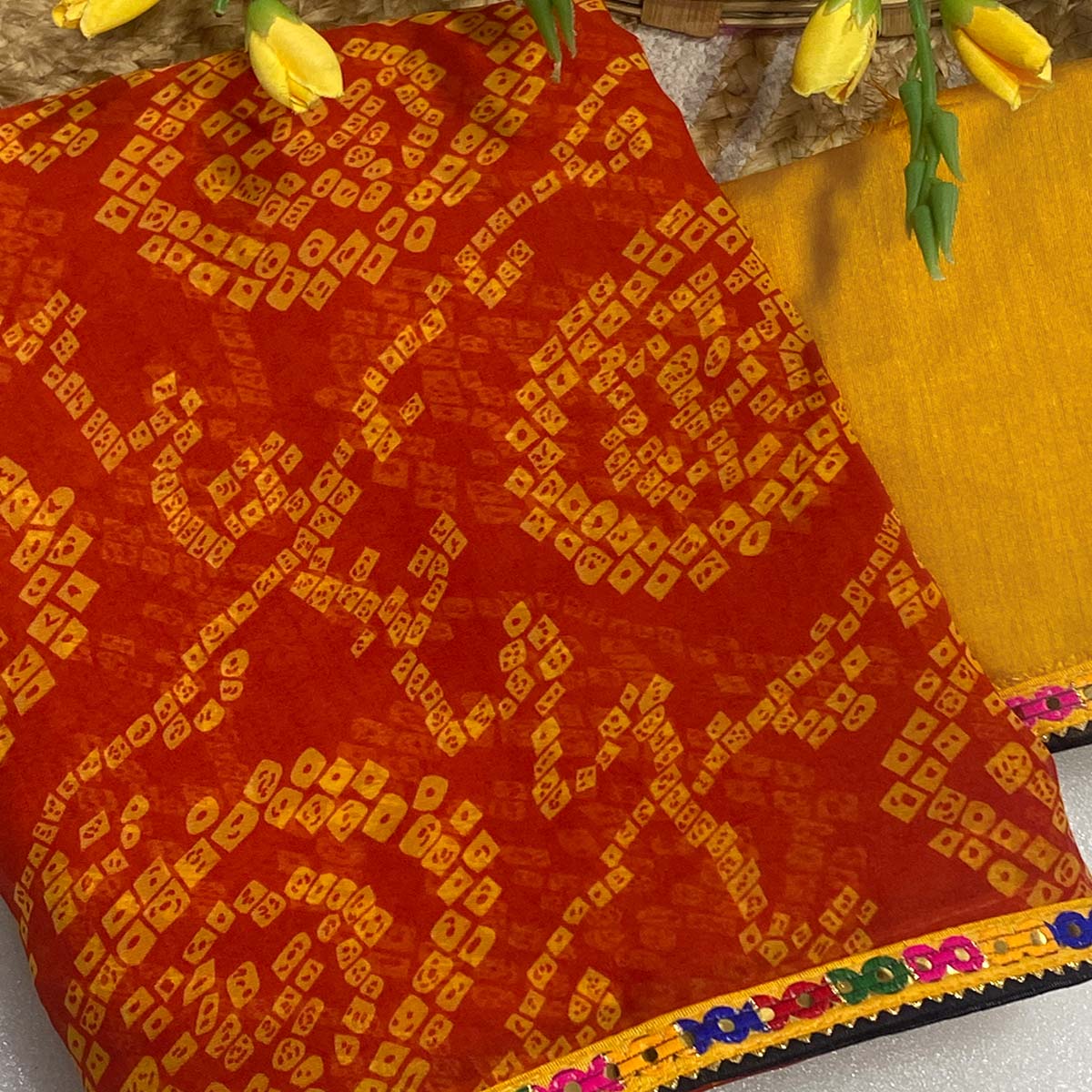 Orange Bandhej Printed Georgette Saree with Flowy Drape - Image 2
