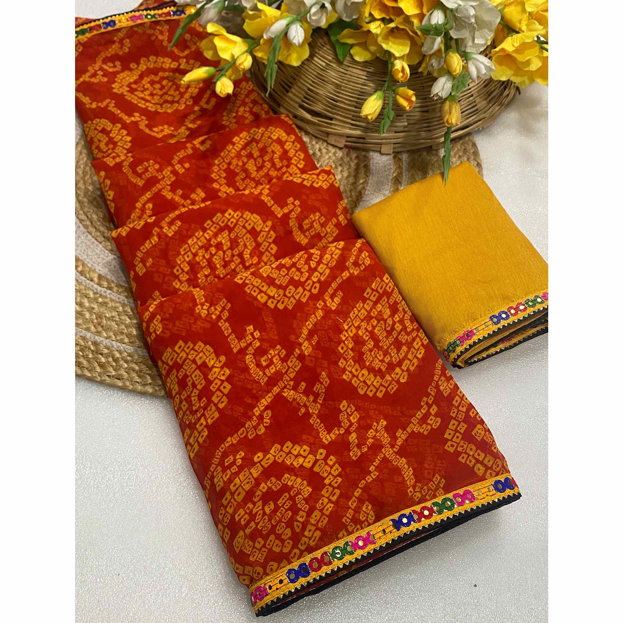 Orange Bandhej Printed Georgette Saree with Flowy Drape - Image 3