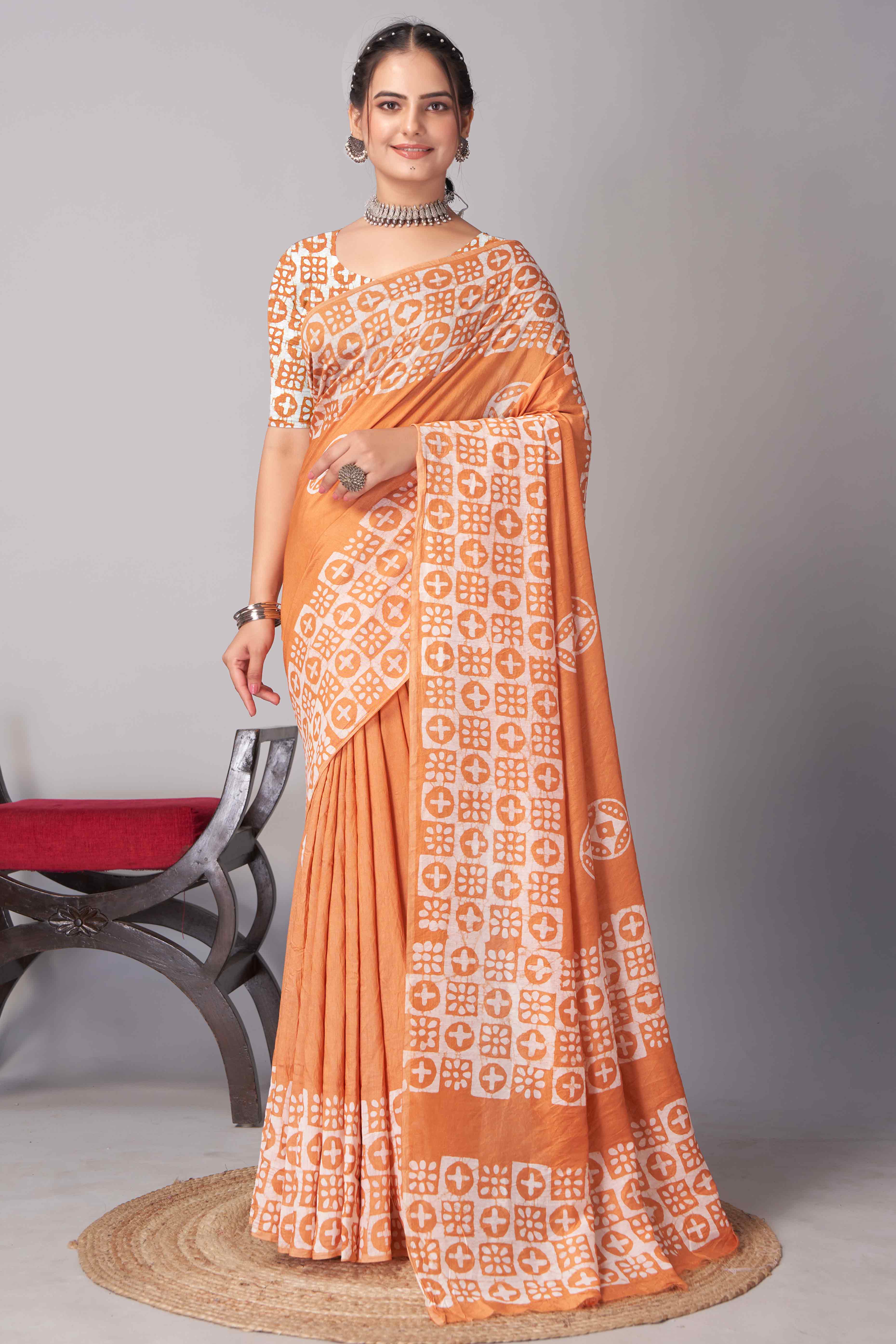 Orange Batik Printed Chanderi Cotton Silk Saree - Image 3