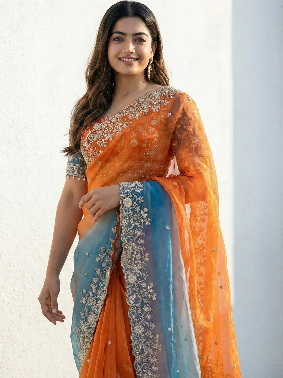 Orange & Blue Floral Organza Satin Silk Saree With Sequins Embroidery And Pearl Accent Pallu - Image 3