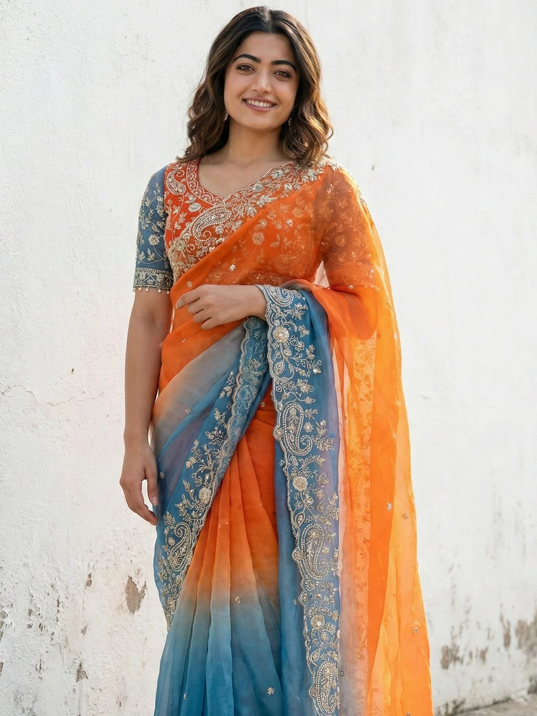 Orange & Blue Floral Organza Satin Silk Saree With Sequins Embroidery And Pearl Accent Pallu - Image 4