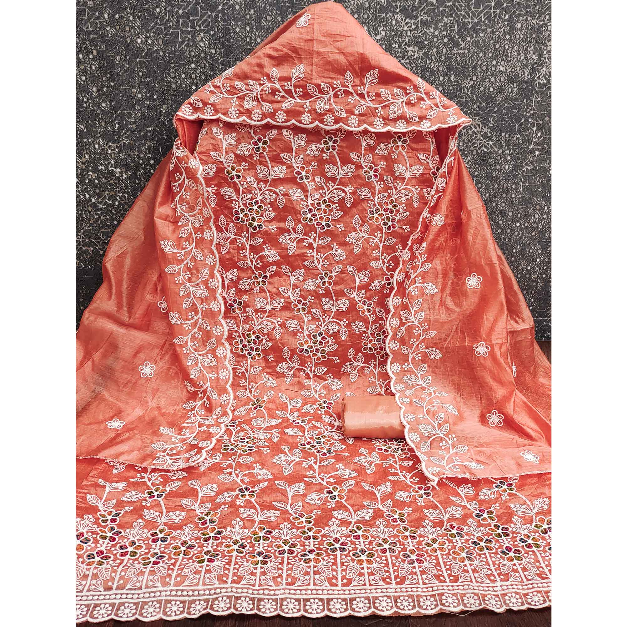 Orange Chanderi Cotton Dress Material Adorned With Elegant Floral Thread Embroidery Work - Image 4