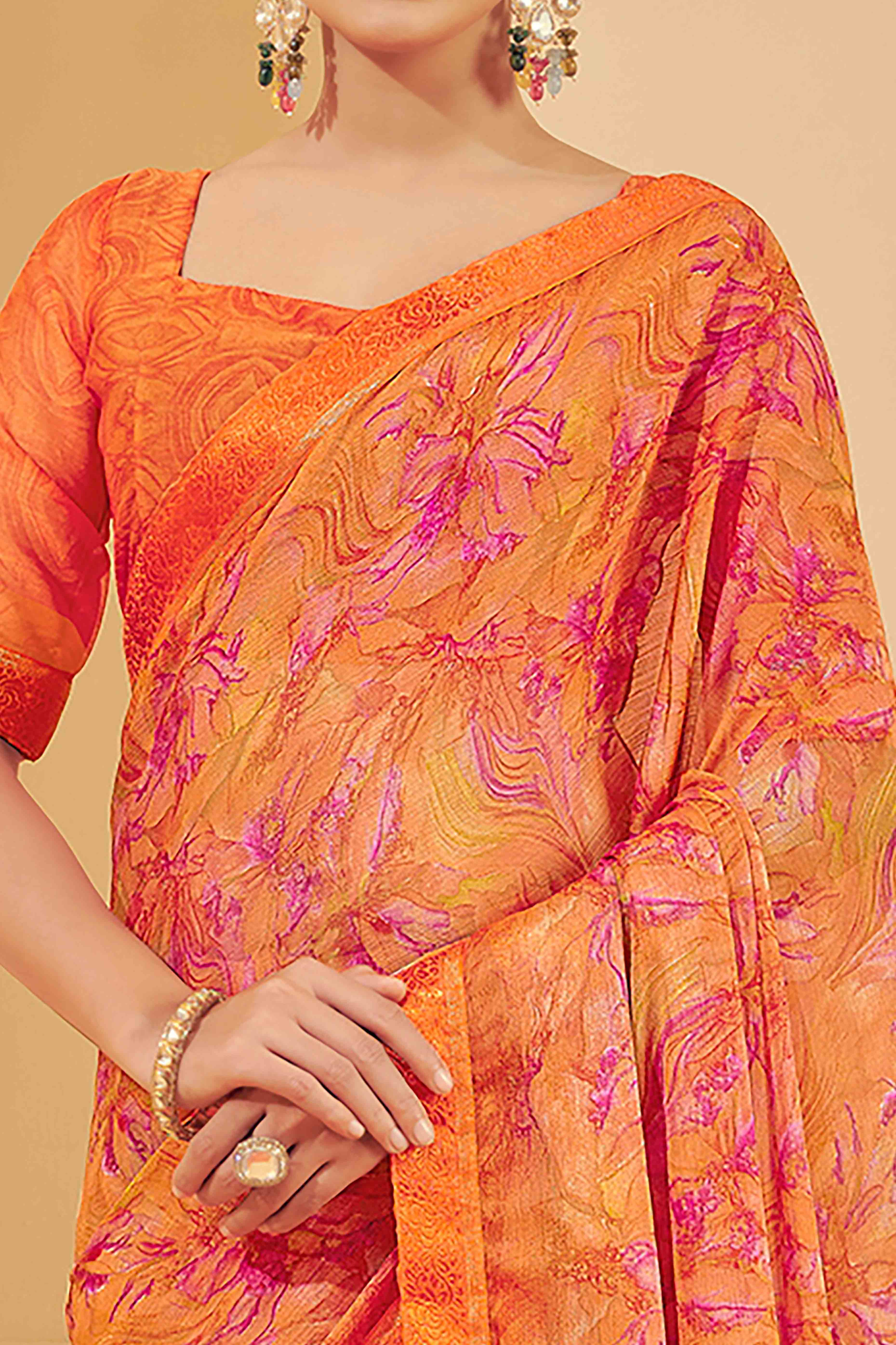 Orange Chiffon Saree Adorned With Artistic Floral Print & Finely Crafted Woven Lace Border - Image 2
