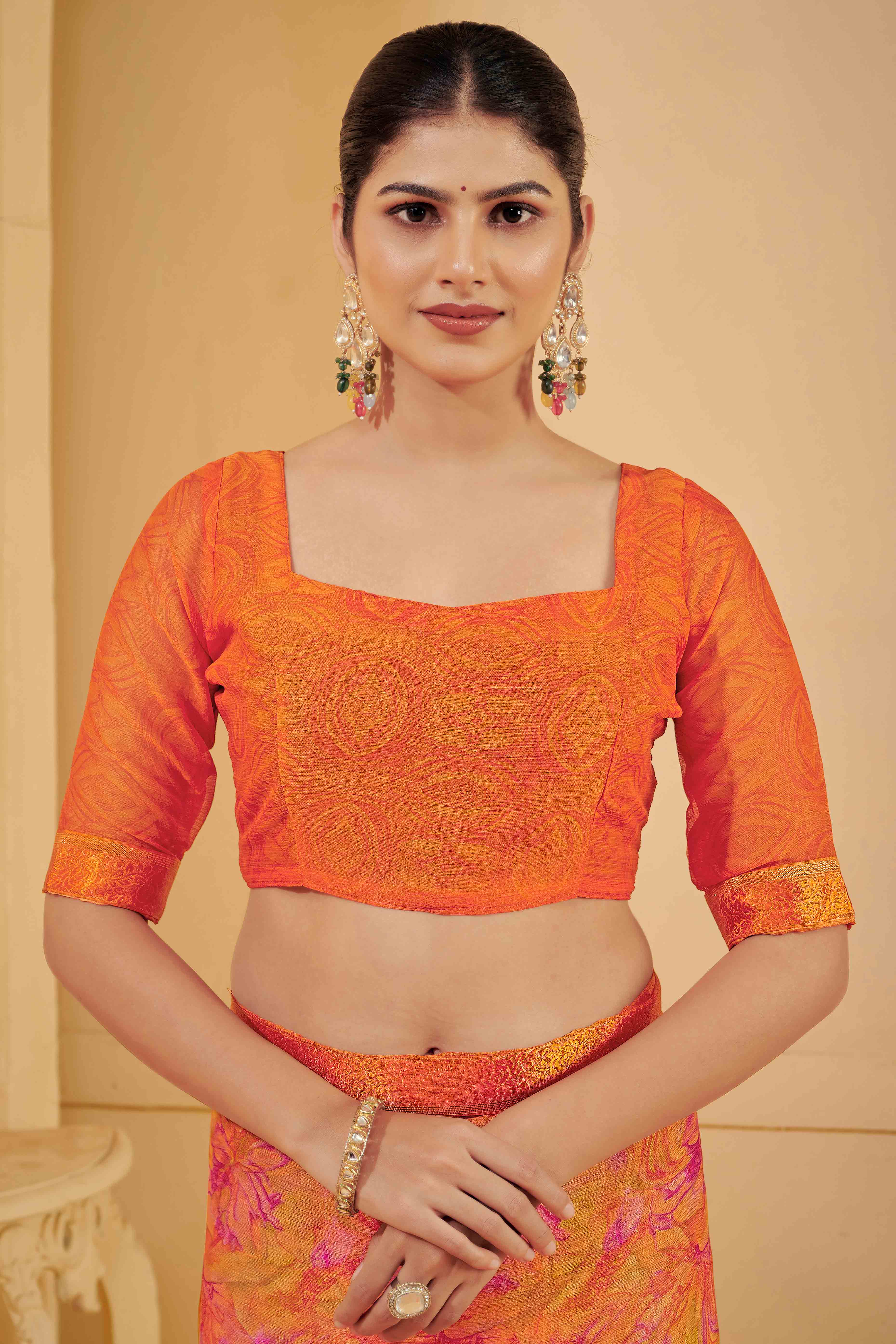 Orange Chiffon Saree Adorned With Artistic Floral Print & Finely Crafted Woven Lace Border - Image 3