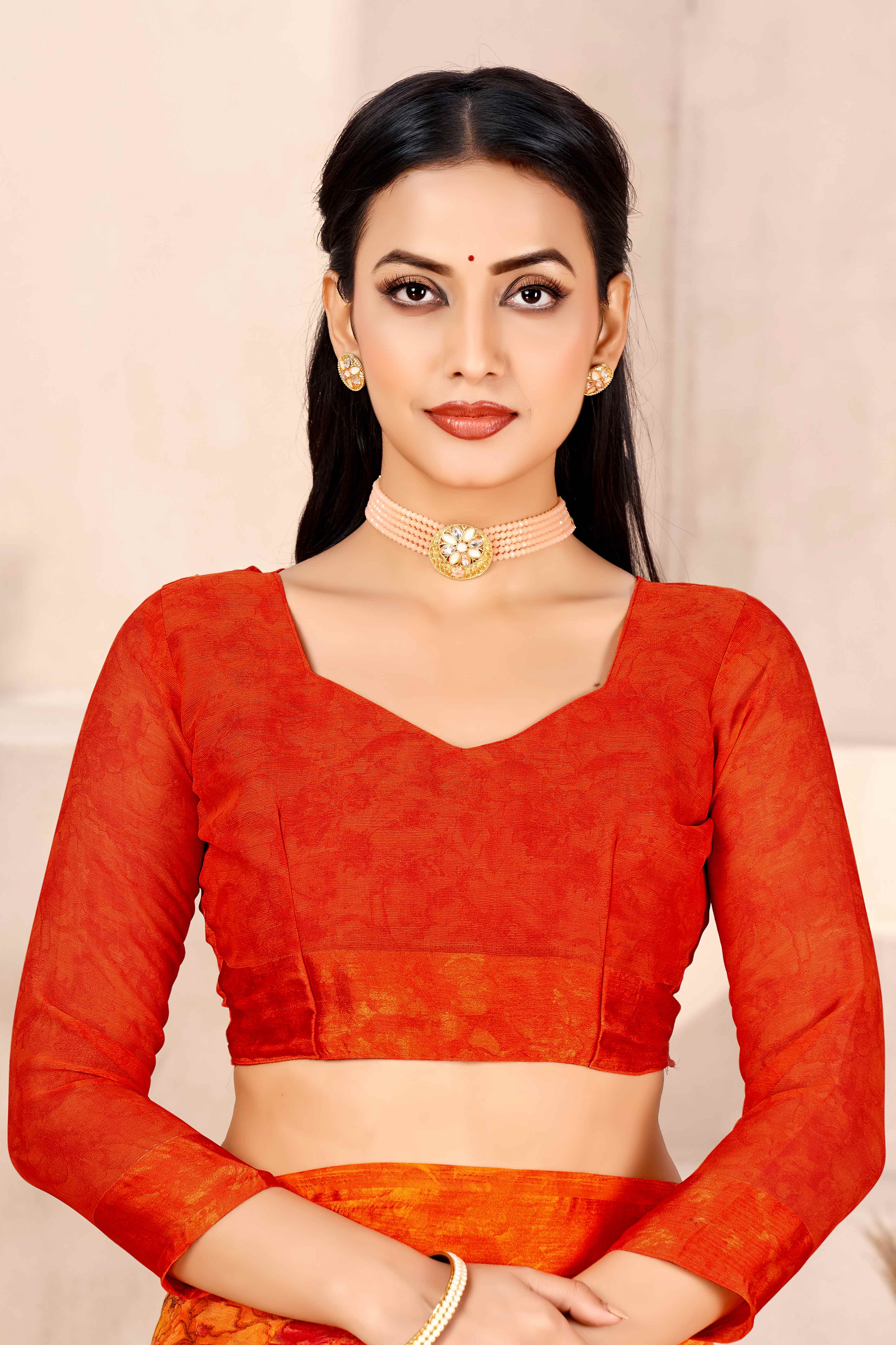 Orange Chiffon Saree With Delicate Floral Prints & Elegant Woven Border - Image 3