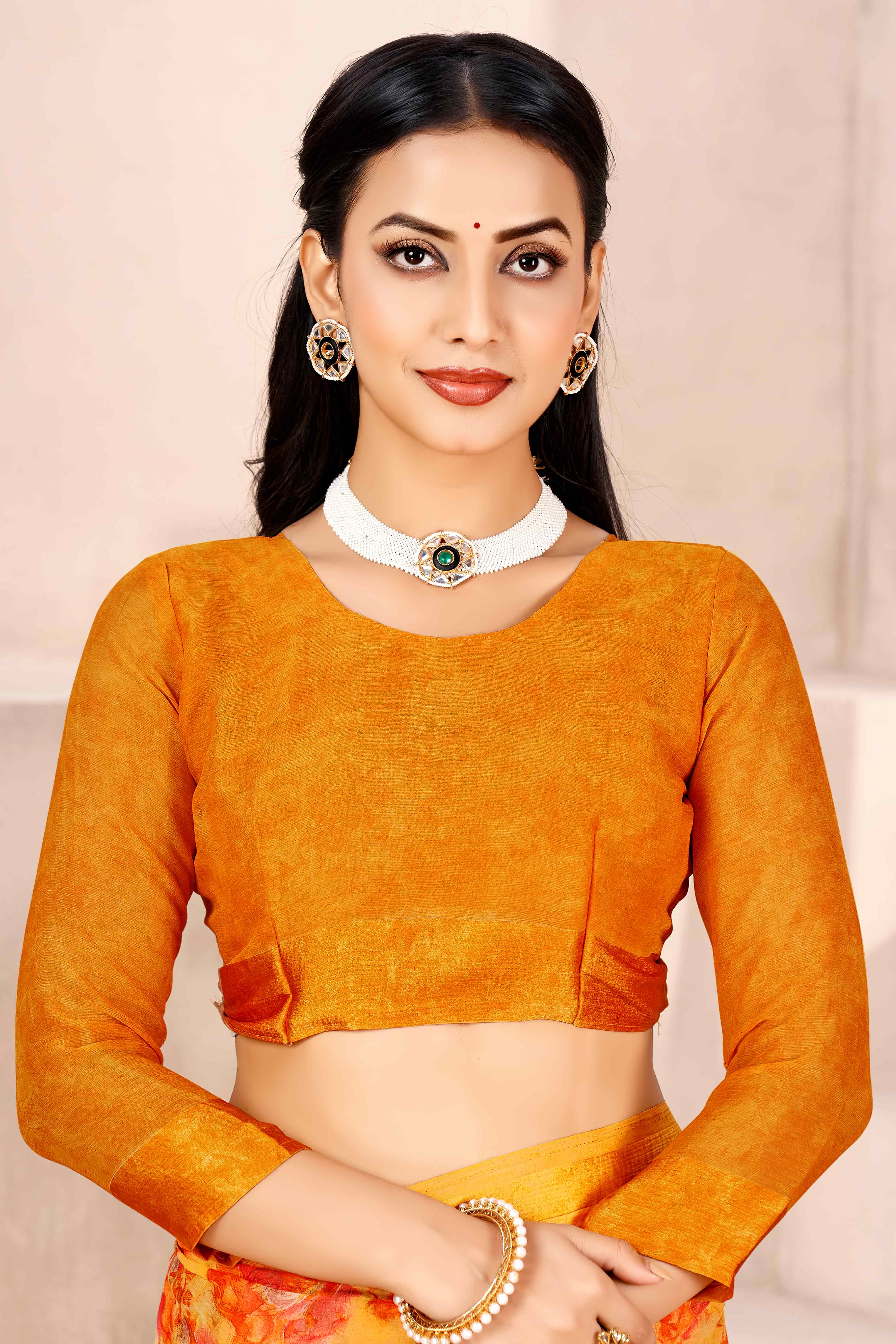 Orange Chiffon Saree With Delicate Floral Prints & Elegant Woven Border - Image 3