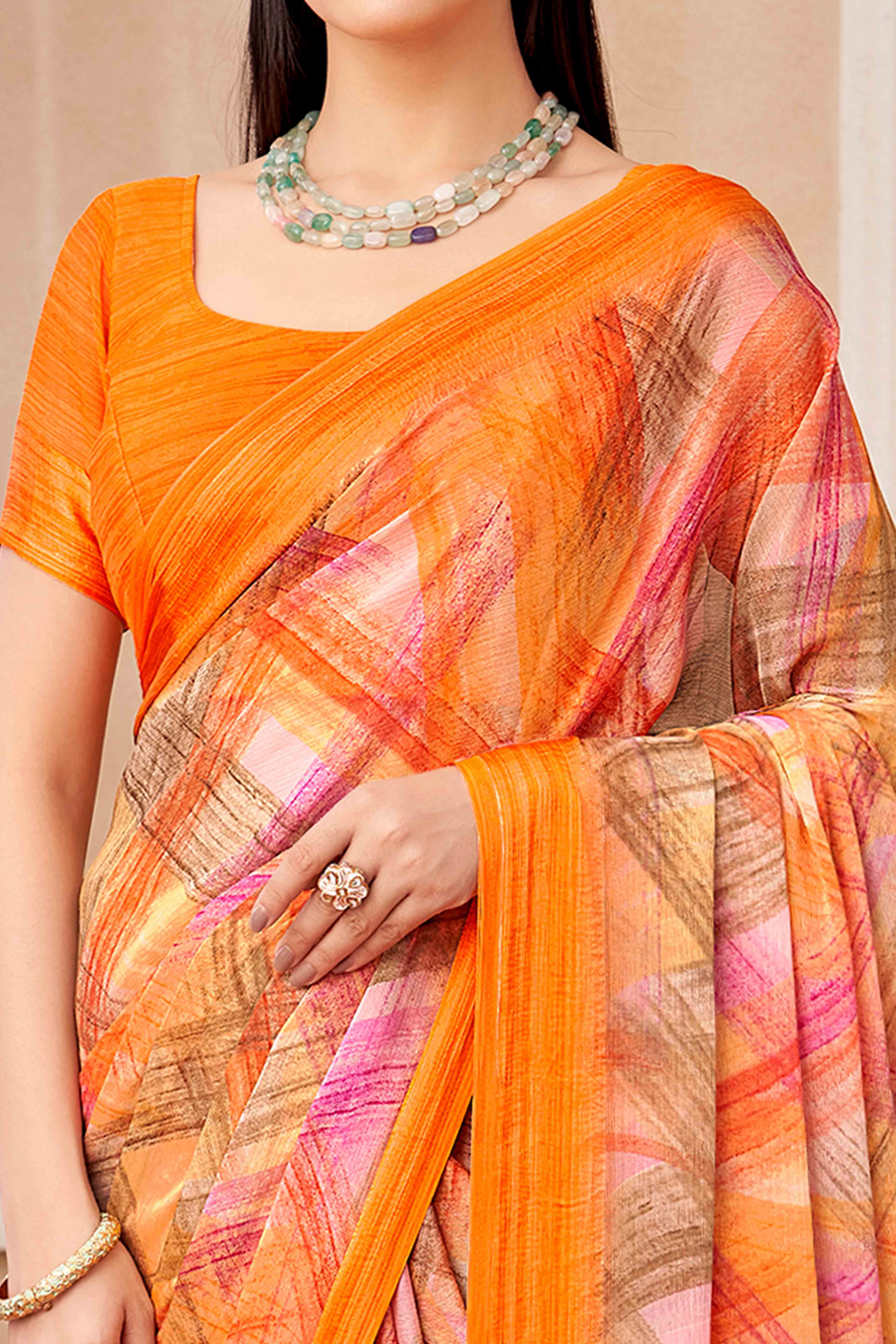 Orange Chiffon Saree With Delicate Prints & Elegant Satin Woven Border - Image 2