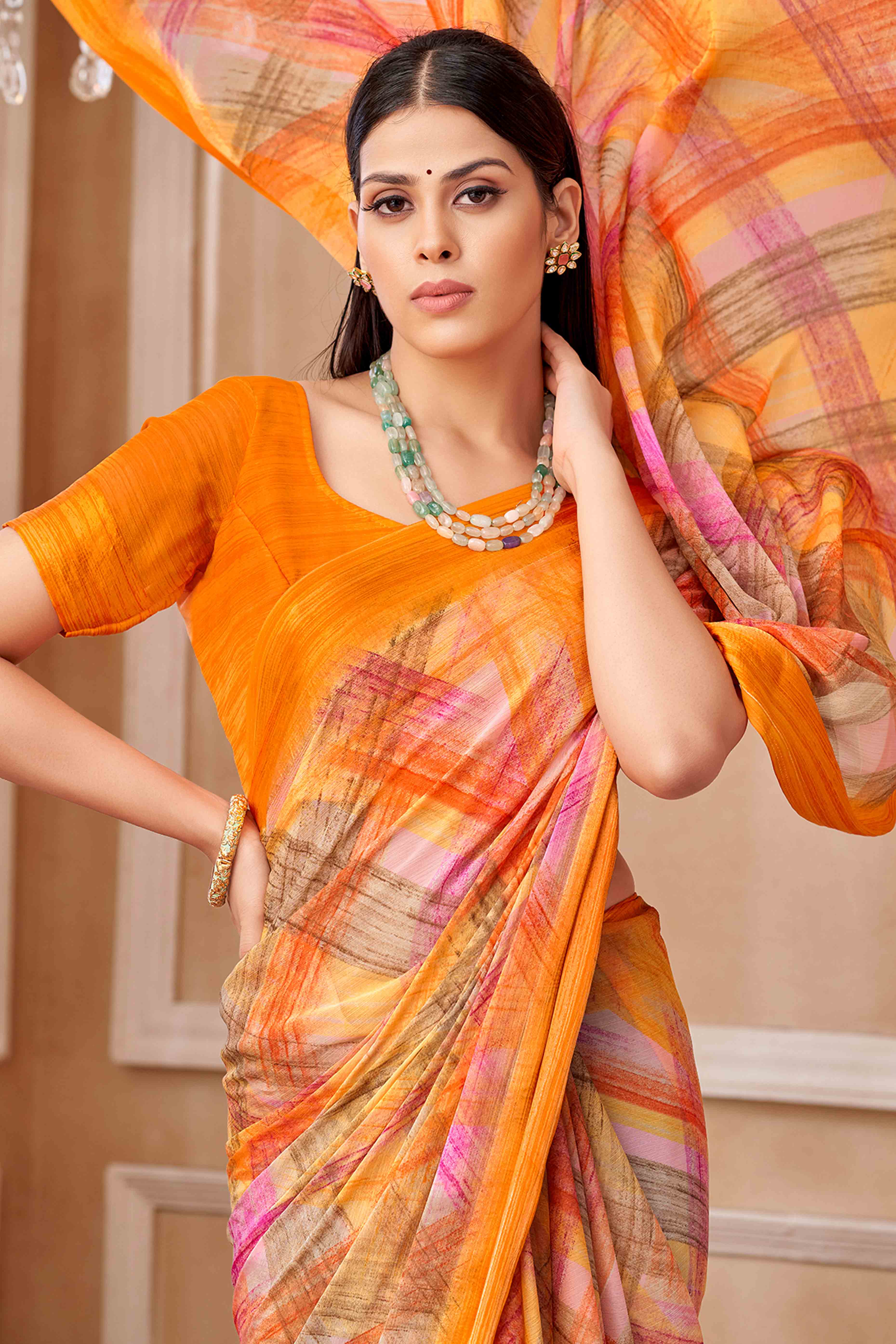 Orange Chiffon Saree With Delicate Prints & Elegant Satin Woven Border - Image 3